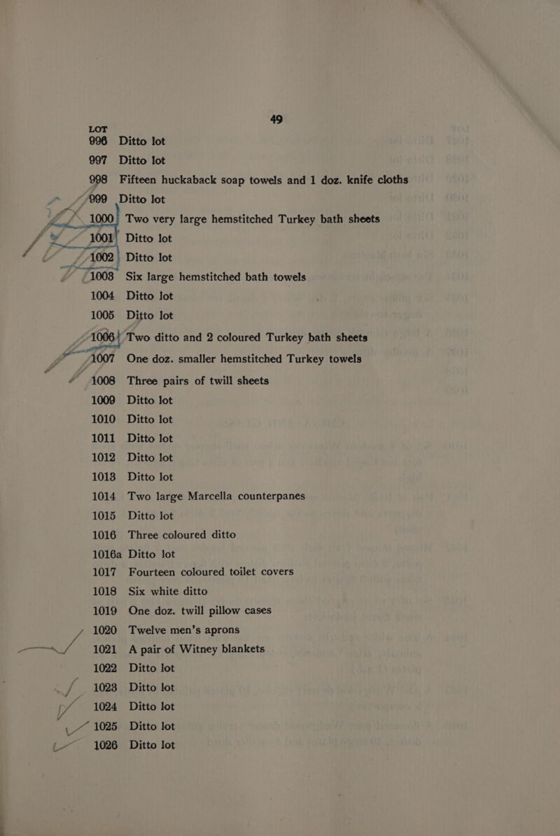 Fifteen huckaback soap towels and 1 doz. knife cloths Two very large hemstitched Turkey bath sheets Six large hemstitched bath towels One doz. smaller hemstitched Turkey towels Three pairs of twill sheets Ditto lot Ditto lot Ditto lot Ditto lot Ditto lot Two large Marcella counterpanes Ditto lot Three coloured ditto Fourteen coloured toilet covers Six white ditto One doz. twill pillow cases Twelve men’s aprons A pair of Witney blankets Ditto lot Ditto lot Ditto lot Ditto lot Ditto lot