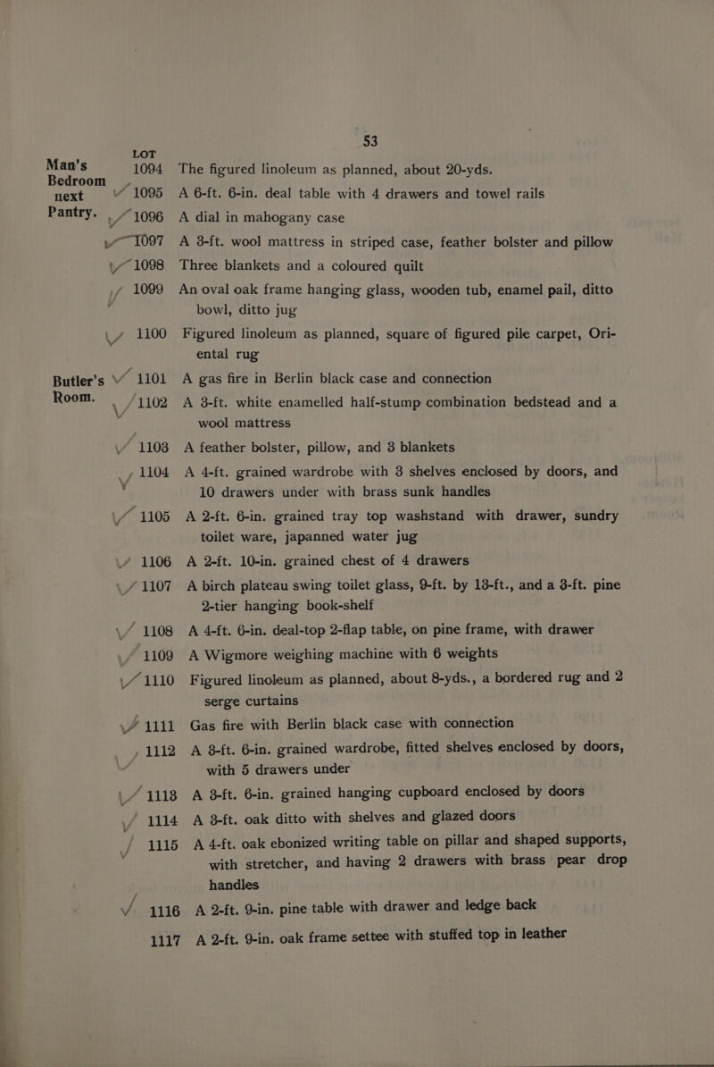 Man’s 1094. Bedroom.” next “ 1095 Pantry. | “1996 p~ 1097 1 1098 1099 \A 1100 Butler’s 1101 Room. / 1108 v i 1108 1104 / 1105 1106 1107 \/ 1108 1109 1% 1110 ~~ Vd 1111 y 1112 \/ 1118 / 1114 1115 Vv. 1116 1117 53 The figured linoleum as planned, about 20-yds. A 6-ft. 6-in. deal table with 4 drawers and towel rails A dial in mahogany case A 38-ft. wool mattress in striped case, feather bolster and pillow Three blankets and a coloured quilt An oval oak frame hanging glass, wooden tub, enamel pail, ditto bowl, ditto jug Figured linoleum as planned, square of figured pile carpet, Ori- ental rug A gas fire in Berlin black case and connection A 38-ft. white enamelled half-stump combination bedstead and a wool mattress A feather bolster, pillow, and 3 blankets A 4-ft. grained wardrobe with 3 shelves enclosed by doors, and 10 drawers under with brass sunk handles A 2-ft. 6-in. grained tray top washstand with drawer, sundry toilet ware, japanned water jug A 2-ft. 10-in. grained chest of 4 drawers A birch plateau swing toilet glass, 9-ft. by 13-ft., and a 3-ft. pine 2-tier hanging book-shelf A 4-ft. 6-in. deal-top 2-flap table, on pine frame, with drawer A Wigmore weighing machine with 6 weights Figured linoleum as planned, about 8-yds., a bordered rug and 2 serge curtains Gas fire with Berlin black case with connection A 8-ft. 6-in. grained wardrobe, fitted shelves enclosed by doors, with 5 drawers under A 8-ft. 6-in. grained hanging cupboard enclosed by doors A 3-ft. oak ditto with shelves and glazed doors A 4-ft. oak ebonized writing table on pillar and shaped supports, with stretcher, and having 2 drawers with brass pear drop handles A 2-ft. 9-in. pine table with drawer and ledge back A 2-ft. 9-in. oak frame settee with stuffed top in leather
