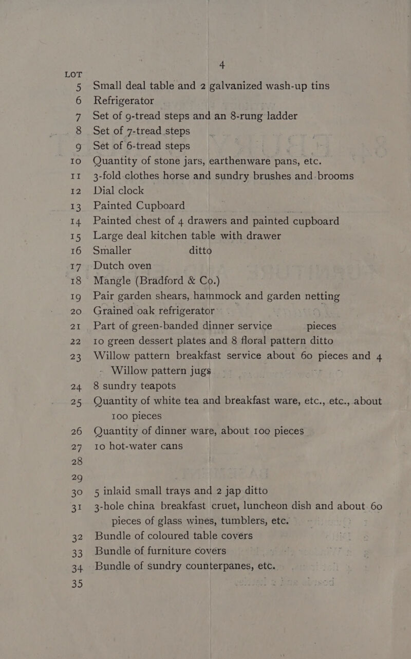 Small deal table and 2 galvanized wash-up tins Refrigerator | Set of g-tread steps and an 8-rung ladder Set of 7-tread steps Set of 6-tread steps Quantity of stone jars, earthenware pans, etc. 3-fold.clothes horse and sundry brushes and-brooms Dial clock Painted Cupboard Painted chest of 4 drawers and wed cupboard Large deal kitchen table with drawer Smaller ditto Dutch oven Mangle (Bradford &amp; Co.) Pair garden shears, hammock and garden nerve Grained oak refrigerator: | Cj Part of green-banded dinner service pieces 10 green dessert plates and 8 floral pattern ditto Willow pattern breakfast service about 60 pieces and 4 - Willow pattern jugs 8 sundry teapots Quantity of white tea and breakfast ware, etc., etc., about 100 pleces Quantity of dinner ware, about Ioo pieces 10 hot-water cans 5 inlaid small trays and 2 jap ditto 3-hole china breakfast cruet, luncheon dish and about. 60 pieces of glass wines, tumblers, etc. Bundle of coloured table covers Bundle of furniture covers Bundle of sundry counterpanes, etc.
