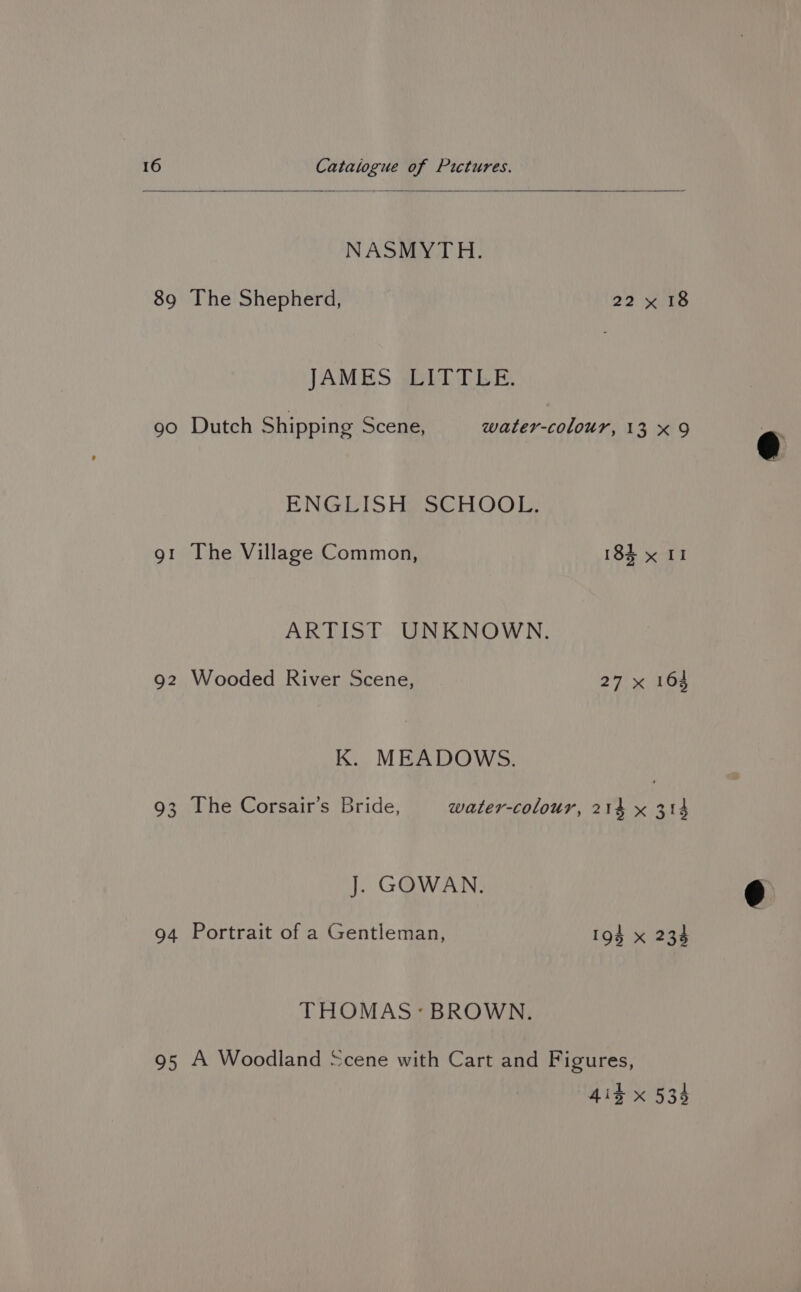 90 Q2 94 95 Catalogue of Pictures. NASMYTH. JAMES OTT TRE. Dutch Shipping Scene, water-colour, 13 x9 ENGLISH) SCHOOL, The Village Common, 183 x II ARTIST UNKNOWN. Wooded River Scene, 27 x 164 K. MEADOWS. The Corsair’s Bride, water-colour, 214 x 314 J]. GOWAN. Portrait of a Gentleman, 194 x 234 THOMAS: BROWN. A Woodland *:cene with Cart and Figures, 414 x 534