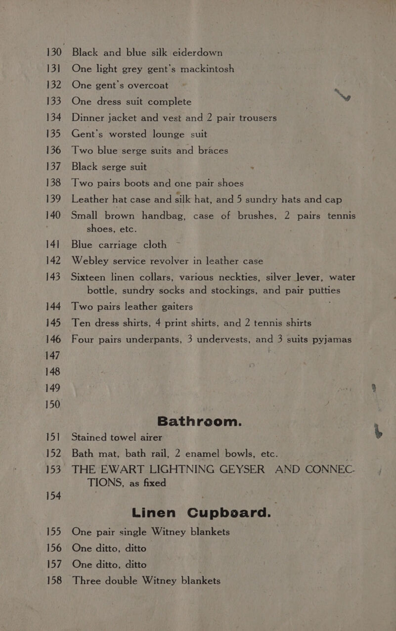 13] 132 133 134 135 136 137 138 139 140 14] 142 143 144 145 146 147 148 149 150 15] 152 153 154 155 156 157 158 Black and blue silk eiderdown One light grey gent’s mackintosh One gent’s overcoat J One dress suit complete | Dinner jacket and vest and 2 pair trousers Gent’s worsted lounge suit Two blue serge suits and braces Black serge suit Two pairs boots and one pair shoes Leather hat case and silk hat, and 5 sundry hats and cap Small brown handbag, case of brushes, 2 pairs tennis shoes, etc. Blue carriage cloth ~ Webley service revolver in leather case Sixteen linen collars, various neckties, silver Jever, water bottle, sundry socks and stockings, and pair putties Two pairs leather gaiters | Ten dress shirts, 4 print shirts, and 2 tennis shirts Four pairs underpants, 3 undervests, and 3 suits pyjamas Bathroom. Stained towel airer Bath mat, bath rail, 2 enamel bowls, etc. THE EWART LIGHTNING GEYSER AND CONNEC. TIONS, as fixed Linen Cupboard. One pair single Witney blankets One ditto, ditto One ditto, ditto Three double Witney bladkets