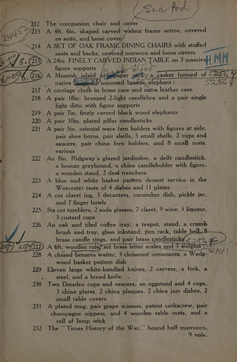 / 9 ee fl Pike A 4ft. 6in. shaped carved’ walnut frame settee, ea ue , ~ en suite, and loose cover/ — “214 A SET OF OAK FRAME DINING CHAIRS with stuffed oN seats and backs, coyered morocco and loose covers ont Ks ap ‘A 24in. FINELY CAR ED INDIAN eer on 3 massive} iM iV figure supports re  Uh ON, G10 A Moorish inlaid na At Ae ~ aper ety a _casket formed of *} mmo : Wi native * mounted bronze) elephant 5 re EEG S Zs A carriage clock in brass case and extra leather case 218 A pair |8in. bronzed 2-light candlebra and a pair single light ditto with figure supports ie 219. A pair Zin. finely carved black wood elephants 220 A pair |0in. plated pillar candlesticks + 221. A pair 5in. oriental ware fern holders with figures at side, pair shoe horns, pair shells, 5 small shells, 2 cups and saucers, pair china fern holders, and 8 small mats, fi - -varlous 222 .An 8in. Ridgway’s glazed jardiniére, a delft candlestick, F a bronze greyhound, a china seme a with Gage ti % . a wooden stand, 2 deal trenchers q 223 A blue and white basket pattern dessert service in the . Worcester taste of 4 dishes and || plates 224 A cut claret jug, 3 decanters, cucumber dish, pickle jar, and 7 finger bowls 225 Six cut tumblers, 2 soda glasses, 7 claret, 9 wine, 5 liqueur, 3 custard cups _ An oak and tiled coffee tray, a teapot, stand, a crumb brush and: tray, glass inkstand, fen rack, table bell,-8: we =~ brass candle tings, and pair brass candlesticks o: Lae A 6ft. wooden Yul Set brass letter scales and Ex “weights a A chased benares waiter, 3 cloisonné Senarientee a Weds. ” UH _ .. wood basket pattern dish | 229 Eleven large white-handled knives, 2 carvers,:a fou: a . steel, and a bread knife. 230 Two Dresden cups and saucers, an eggstand ite 4 cups, 3 china plates, 2 china plaques, 2 china jarn dishes, 2 ‘small table covers 231 A plated mug, pair grape scissors, patent corkscrew, pair champagne nippers, and 4 wooden table mats, and a roll of lamp wick yt ; | 232 The “ Times History of ‘the War, ’ bound half morrocco, 9 vols.