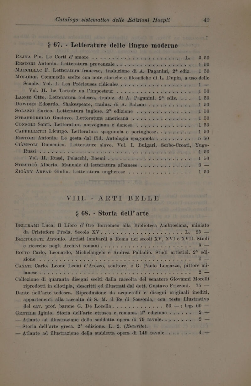 § 67. - Letterature delle lingue moderne KaNA Pio. Le Corti d’ amore; ..,..:. ~Kl «hab disoinemed Ghdldd per: hee, 3_50 Restorr Antonio. Letteratura provenzale....... 0.25 0 eee ees 1 50 Marciizac F. Letteratura francese, traduzione di A. fie neiatns 2° ediz. 1 50 Mourmre. Commedie scelte con note storiche e filosofiche di L. Dupin, a uso delle Seuole. Vol. I. Leg: Précieuses ridicules .4 6.0.0). oe ee ee ee ees 1— Vol. Uh. Le. Tartnfe:on..Vimposteur, . ...2:.. 0-4 S25 = viele Bove 1 50 Lancr Otto. Letteratura tedesca, traduz. di A. Paganini. 27 ediz, ... 1 50 DOWwDEN Edoardo. Shakespeare, traduz. di A. Balzani........... 1 50 SoLazzi Enrico. Letteratura inglese. 2% edizione ... daaght. sowbnk »h0% 1 50 STRAFFORELLO Gustavo. Letteratura americana ..........0..055 1 50 CoONSOLI Santi. Letteratura norvegiana e danese ........02.086 .» 1.50 CAPPELLETTI Licurgo. Letteratura spagnuola e portoghese......... 1 50 Restorrt Antonio. Le gesta dal Cid. Antologia spagnuola......... 5 BO CIAMPOLI Domenico. Letterature slave. Vol. I. Bulgari, Serbo-Croati, Yugo- tae £ lasses. Jeb siren tek ids ola. NS ¢ ation Lda Siods. 1 50 Volkviiy Russi, Polacehije Boomiingigs. of otuuct Utiestit i o.4 1 50 SrratTicO Alberto. Manuale di letteratura albanese .......... eee BK ZIGANY ARPAD Giulio. Letteratura ungherese ..........000e00- 1 50 VIII. - ARTI BELLE § 68. - Storia dell’ arte BELTRAMI Luca. Il Libro d’ Ore Borromeo alla Biblioteca Ambrosiana, miniato ipiimatoiordsPreds.Be00lo KV i. Sey 8s gs (aia eae gg eae Le. 25 — BERTOLOTTI Antonio. Artisti lombardi a Roma nei secoli XV, XVI e XVII. Studi Strigeneneé) Geri: Archivi’ TOMISHL or Pos. g's Yo xe gees Co ngs tee ae 3 — Borro Carlo. Leonardo, Michelangelo e Andrea Palladio. Studi artistici. 2° edi- Pe OTE BIA TA &gt; Bake oa lw Aa NS SP ld it ican Ao er oh 4 — Casati Carlo. Leone Leoni d’Arezzo, scultore, e G. Paolo Lomazzo, pittore mi- SACOM TO SR Ce ee es ere ee es 2— Collezione di quaranta disegni scelti dalla raccolta del senatore Giovanni Morelli -riprodotti in eliotipia, descritti ed illustrati dal dott. Gustavo Frizzoni. 75 — Dante nell’arte tedesca. Riproduzione da acquerelli e disegni originali inediti, appartenenti alla raccolta di S. M. il Re di Sassonia, con testo illustrativo del cav. prof. barone G. De Locella.:............s...,e.088 50 —; leg. 60 — GENTILE Iginio. Storia dell’arte etrusca e romana. 2° edizione...... 20 — Atlante ad illustrazione della suddetta opera di 79 tavole........ 2 — — Storia dell’arte greca. 2° edizione. L. 2. (Hsaurito). ) — Atlante ad illustrazione della suddetta opera di 149 tavole ...... 4 —