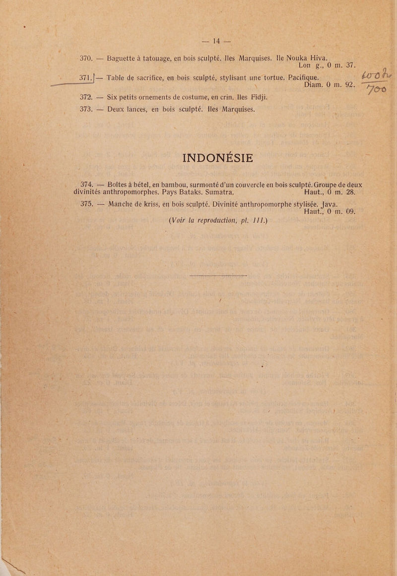 pee oi 4 OV Ne 370. — Baguette a tatouage, en bois sculpté. Iles Marquises. Ile Nouka Hiva. Lon, £., 01.337; PB 371,/—- Table de sacrifice, en bois sculpté, stylisant une tortue. Pacifique. 00 tu ! Diam. 0 m.; 92.0.5 pg fe (®) 372, — Six petits ornements de costume, en crin. Iles Fidji. 373. — Deux lances, en bois sculpté. Iles Marquises. INDONESIE 374, — Boites a betel, en bambou, surmonté d’un couvercle en bois sculpté. Groupe de deux divinites anthropomorphes. Pays Bataks. Sumatra. _ Haut., 0 m. 28. 375. — Manche de kriss, en bois sculpté. Divinité anthropomorphe stylisée. Java. Haut., 0 m. 09.
