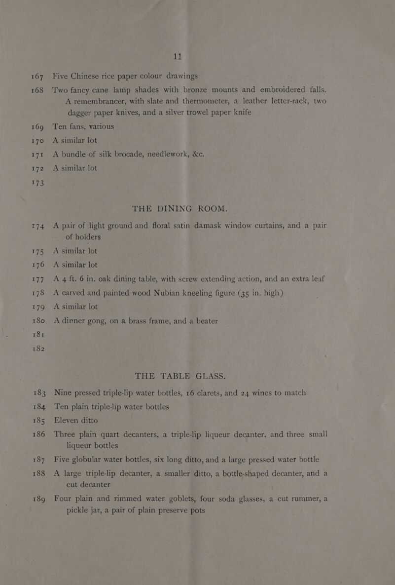 167 168 169 170 171 172 173 174 ya 176 177 178 179 180 181 182 183 184 185 186 187 188 189 1i Five Chinese rice paper colour drawings Two fancy cane lamp shades with bronze mounts and embroidered falls. A remembrancer, with slate and thermometer, a leather letter-rack, two dagger paper knives, and a silver trowel paper knife Ten fans, various A similar lot A bundle of silk brocade, needlework, &amp;c. A similar lot THE DINING ROOM. A pair of light ground and floral satin damask window curtains, and a pair of holders A similar lot A similar lot A 4 ft. 6 in. oak dining table, with screw extending action, and an extra leaf A carved and painted wood Nubian kneeling figure (35 in. high) A similar lot A dinner gong, on a brass frame, and a beater THE TABL® GLASS, Nine pressed triple-lip water bottles, 16 clarets, and 24 wines to match Ten plain triple-lip water bottles Eleven ditto Three plain quart decanters, a triple-lip liqueur decanter, and three small liqueur bottles Five globular water bottles, six long ditto, and a large pressed water bottle A large triple-lip decanter, a smaller ditto, a bottle-shaped decanter, and a cut decanter Four plain and rimmed water goblets, four soda glasses, a cut rummer, a pickle jar, a pair of plain preserve pots