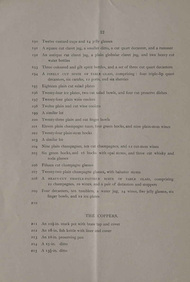210 215 12 Twelve custard cups and 14 jelly glasses A square cut claret jug, a smaller ditto, a cut quart decanter, and a rummer An antique cut claret jug, a plain globular claret jug, and two heavy cut water bottles Three coloured and gilt spirit bottles, and a set of three cut quart decanters A FINELY CUT SUITE OF TABLE GLASS, comprising : four triple-lip quart decanters, six carafes, 12 ports, and six sherries Eighteen plain cut salad plates — Twenty-four ice plates, two cut salad bowls, and four cut preserve dishes Twenty-four plain wine coolers Twelve plain and cut wine coolers A similar lot Twenty-three plain and cut finger bowls Eleven plain champagne tazze, four green hocks, and nine plain-stem wines Twenty-four plain-stem hocks A similar lot Nine plain champagnes, ten cut champagnes, and 12 cut-stem wines Six green hocks,and 16 hocks with opal stems, and three cut whisky and soda glasses Fifteen cut champagne glasses Twenty-two plain champagne glasses, with baluster stems A HEAVY-CUT THISTLE-PATTERN SUITE OF TABLE GLASS, comprising 22 champagnes, 20 wines, and a pair of decanters and stoppers Four decanters, ten tumblers, a water jug, 24 wines, five jelly glasses, six finger bowls, and 12 ice plates THE COPPERS, An 114-in. stock pot with brass tap and cover ~ An 18-in. fish kettle with liner and cover An 18-in. preserving pan A 15-in. ditto A 13$-in. ditto