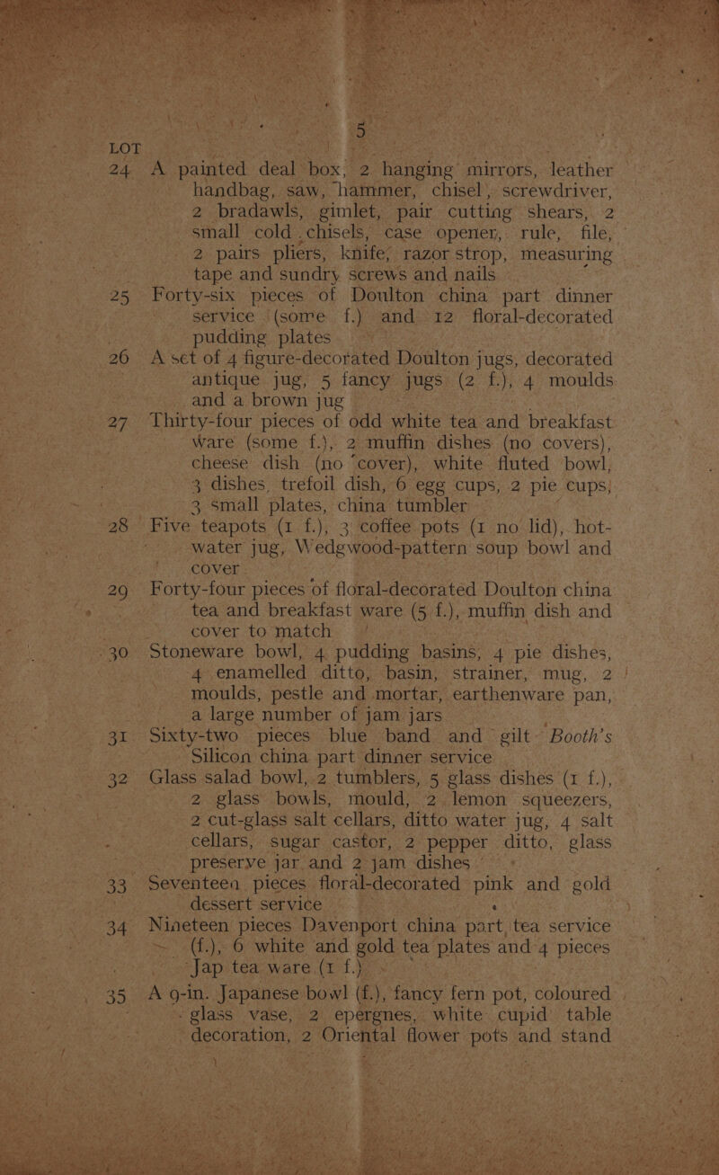 Per cw Nece) Z a . nangvag saw, “hammer, chisel, screwdriver, © eames. eh ae -bradawls, gimlet, pair cutting shears, 2 Be ayes ciegerr tay gna cold . _chisels, case opener, rule, file, Bae fuk Mae ‘ i 2 pairs pliers, knife, razor strop, measuring — Been i eee sae bape. ane sundry screws and nails Beg iy eS oe -S1x pleces | ‘of Doulton china part dinner Pacey ee ie eo eemwice:s (some, Tes and | 12 floral: decorated | Hee OR oe A URC plates. eae PECL 26 “Ak set of 4 figure-decorated yoalton | jues, dpecrafed Goren : Oe “antique jug, sy taney gree (2, Es a moulds Pieces vase ee and a brown jug | ue 7 Papen pieces of odd sulle tea A peeuichaats? . ae pas ot. Wares (some t:) ie muffin: dishes. (no covers), SRO ae cheese dish ‘(no “cover), white fluted bowl, Sy anemia 3 dishes, trefoil dish, 6 ege Suey 2 De cups; Se See. . i small plates, ‘china’ tumbler RE eae 28! “Five teapots (1 f.), 3° coffee pots. a no lid), hot- RES ia : water jug, fa edgwood-pattern lt bowl and Bs oh a | OVER ht CPt es 1 29. Poeee pieces” ‘of floral- decorated Doulton china yo Se ig. Sam ca teacand dreaktast ware (5 ce ‘)s es dish and e Pate eOVer tO mato Bis nee, | 30 Stoneware bowl, A pulding. asin’ pie iene | ROS Haas ae enamelled ditto, basin, strainer, mug, 2) | - moulds, pestle and mortar, earthenware pan, Peart uns taute cae che EN, large. number of jam | Jaks On he Petey ak ce a Sixty-two pieces blue band — and~ gilt - Booth’ S Pei: Seloar hee ey ‘Silicon china part dinner. service ae Glass salad bowl, 2 tumblers, 5 glass dishes Ce en Sea Mares cee howe bowls, mould, 2. lemon ‘squeezers, ok: ne cut-glass salt cellars, ditto water jug, 4 salt ewes): &amp; &amp; cellars, sugar castor, ia pepper | ditto, glass “&gt;&lt;” préserye jar'and 2-jam dishes. + 33 ‘Seventeen pieces flordl-decorated pe and gold y Nob aye - dessert SeEYICe 35 Fees a