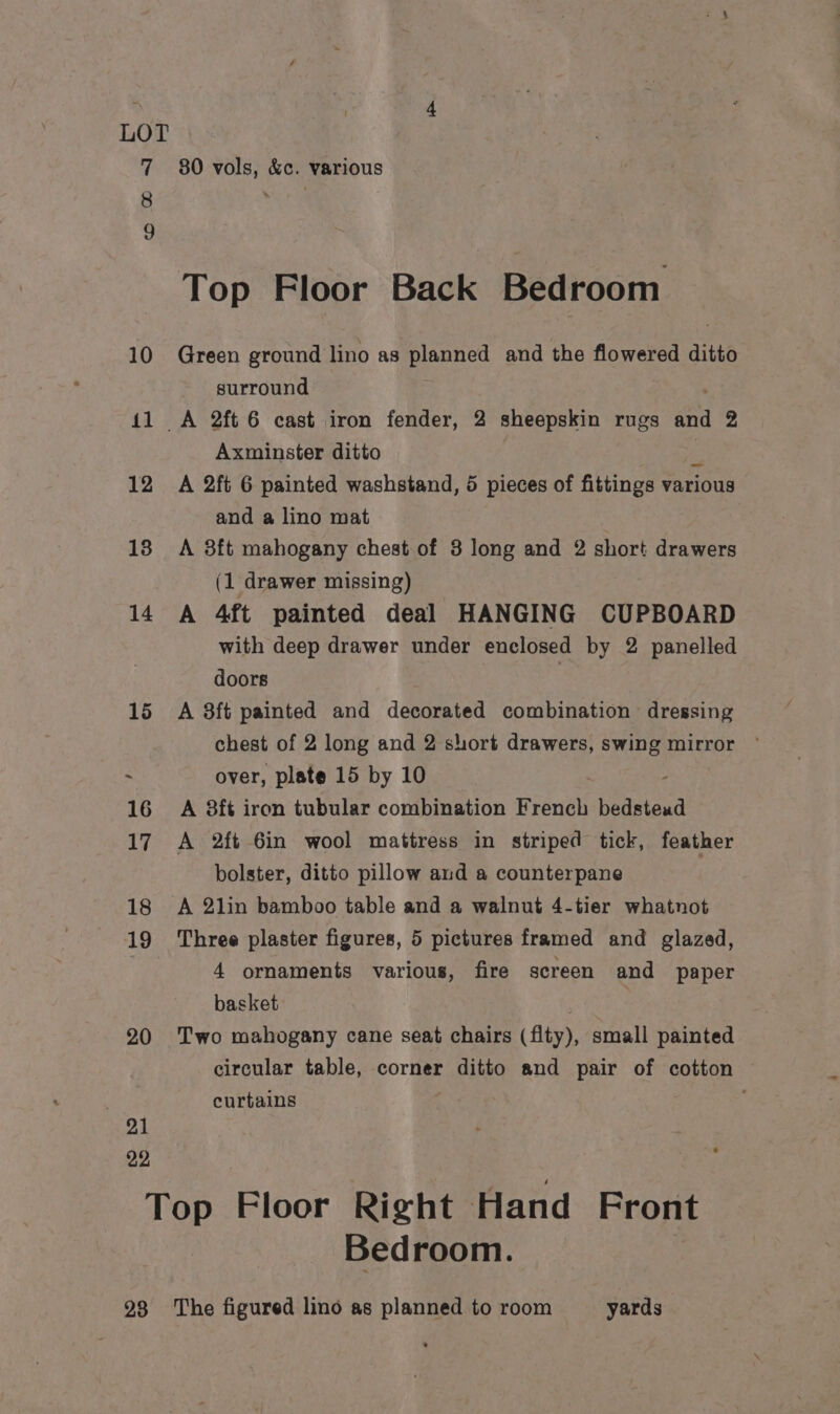 7 8 9 20 91 29 80 vols, &amp;c. various Top Floor Back Bedroom Green ground lino as planned and the flowered ditto surround Axminster ditto B A 2ft 6 painted washstand, 5 pieces of fittings various and a lino mat A 3ft mahogany chest of 3 long and 2 short drawers (1 drawer missing) A 4ft painted deal HANGING CUPBOARD with deep drawer under enclosed by 2 panelled doors 7 A 8ft painted and decorated combination dressing chest of 2 long and 2 short drawers, Bitch mirror ° over, plate 15 by 10 A 8ft iron tubular combination French bedstead A 2ft 6in wool mattress in striped tick, feather bolster, ditto pillow and a counterpane A 2lin bamboo table and a walnut 4-tier whatnot Three plaster figures, 5 pictures framed and glazed, 4 ornaments various, fire screen and paper basket. . Two mahogany cane seat chairs (flty), small painted circular table, corner ditto and pair of cotton curtains 23 Bedroom. The figured lino as planned to room yards