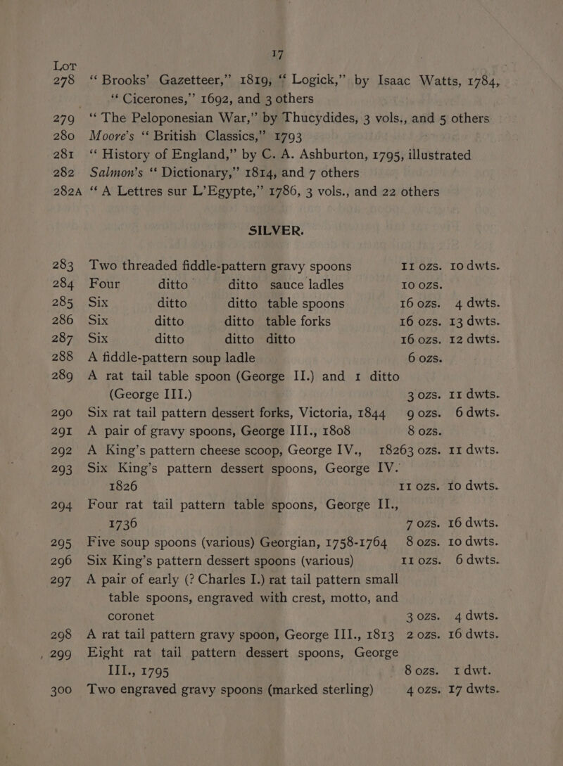 Lot 278 279 280 281 282 282A 283 284 285 286 287 288 289 290 291 292 293 294 295 296 297 298 , 299 ia Gazetteer,”’ 1692, and 3 others ** Brooks’ ‘* Cicerones,’’ Moore’s ‘‘ British Classics,” 1793 Salmon’s ‘* Dictionary,’’ 1814, and 7 others ‘‘ A Lettres sur L’Egypte,”’ 1786, 3 vols., and 22 others SILVER. Two threaded fiddle-pattern gravy spoons II ozs. Four ditto ditto sauce ladles 10 OZs. Six ditto ditto table spoons 16 ozs. ix ditto ditto table forks 16 ozs. Six ditto ditto ditto 16 ozs. A fiddle-pattern soup ladle 6 ozs. A rat tail table spoon (George II.) and 1 ditto (George ITI.) 3 OZs. Six rat tail pattern dessert forks, Victoria, 1844 9 ozs. A pair of gravy spoons, George III., 1808 8 ozs. A King’s pattern cheese scoop, George IV., 18263 ozs. Six King’s pattern dessert spoons, George IV. ; 1826 II OZSs. Four rat tail pattern table spoons, George I1I., 1736 7 OZS. Six King’s pattern dessert spoons (various) A pair of early (? Charles I.) rat tail pattern small table spoons, engraved with crest, motto, and coronet Eight rat tail pattern dessert spoons, George IIl., 1795 10 dwts. 4 dwts. 13 dwts. 12 dwts. rr dwts. 6 dwts. 11 dwts. to dwts. 16 dwts. 10 dwts. 6 dwts. 4 dwts. 16 dwts. I dwt.