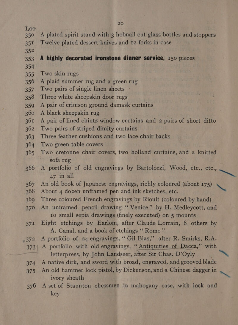 Lor 350 A plated spirit stand with 3 hobnail cut glass bottles and stoppers 351 Twelve plated dessert knives and 12 forks in case 352 353 A highly decorated ironstone dinner service, 150 pieces 354 355 Two skin rugs 356 A plaid summer rug and a green rug 357. Two pairs of single linen sheets - 358 Three white sheepskin door rugs 359 A pair of crimson ground damask curtains 360 A black sheepskin rug 361 A pair of lined chintz window curtains and 2 pairs of short ditto 362 Two pairs of striped dimity curtains 363. Three feather cushions and two lace chair backs 364 Two green table covers 365 Two cretonne chair covers, two holland curtains, and a knitted ‘sofa rug 366 A portfolio of old engravings by Bartolozzi, Wood, etc., etc., 47 in all or 367 An old book of Japanese engravings, ae aBe coloured (about 175) pd 368 About 4 dozen unframed pen and ink sketches, etc. | 369 Three coloured French engravings by Rioult (coloured by hand) 370 An unframed pencil drawing ‘‘ Venice’’ by H. Medleycott, and 10 small sepia drawings (finely executed) on 5 mounts 371 Eight etchings by Earlom, after Claude Lorrain, 8 others by A. Canal, and a book of etchings ‘‘ Rome ” .372 Aportfolio of 24 engravings, ‘‘ Gil Blas,’ after R. Smirks, R.A. 373) A portfolio with old engravings, ‘‘ Antiquities of Dacca,” with ik letterpress, by John Landseer, after Sir Chas. D’Oyly ie, 374 A native dirk, and sword with broad, engraved, and grooved blade 375 An old hammer lock pistol, by Dickenson,and a Chinese dagger in ivory sheath im! 376 Aset of Staunton chessmen in mahogany case, with lock and key