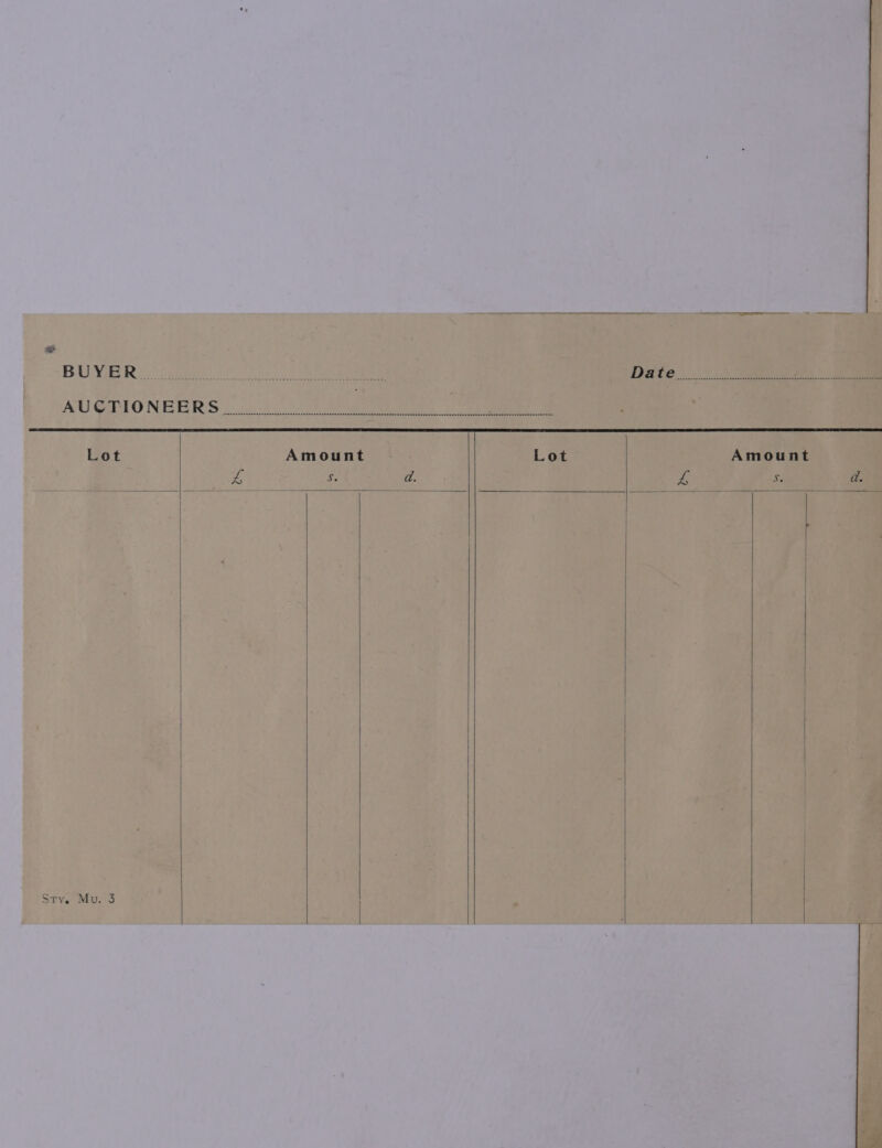 BUNBER 6 Caen. tit ors: te eee Date... eee AUGRIONEERRS - 3. 30 ee ee na nn ce a ng a RN RA RR ER A A Lot Amount Lot Amount 4 S. d. fi s da. | | Sty. Mu. 3