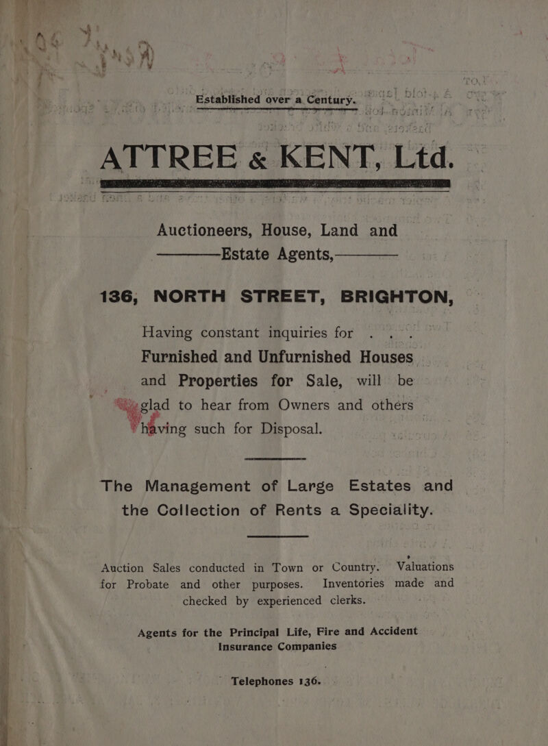Established over a Century. KENT, Lt 136, NORTH STREET, BRIGHTON, Having constant inquiries for } Furnished and Unfurnished Houses _ and Properties for Sale, will be “{yglad to hear from Owners and others — Vi ving such for Disposal. : The Management of Large Estates and the Collection of Rents a Speciality. f L Auction Sales conducted in Town or Country. Valuations for Probate and other purposes. Inventories made and checked by experienced clerks. Agents for the Principal Life, Fire and Accident Insurance Companies @ : ' Telephones 136.