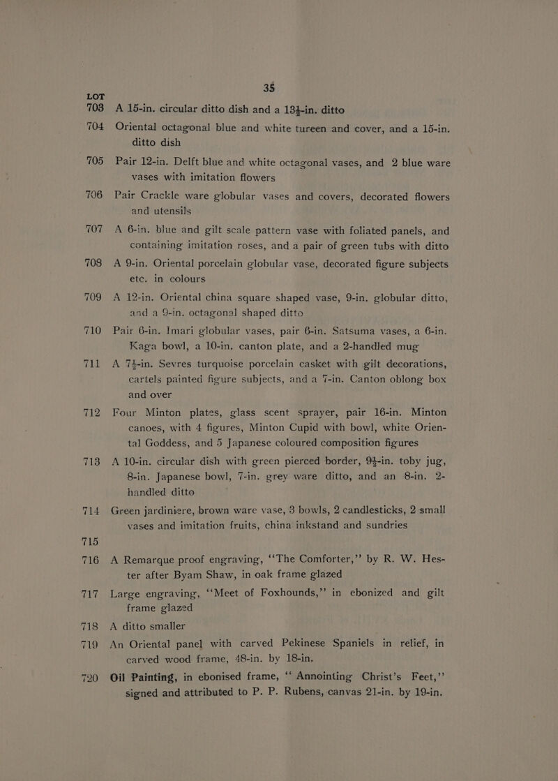 703 713 35 A 15-in. circular ditto dish and a 13}-in. ditto Oriental octagonal blue and white tureen and cover, and a 15-in. ditto dish Pair 12-in. Delft blue and white octagonal vases, and 2 blue ware vases with imitation flowers Pair Crackle ware globular vases and covers, decorated flowers and utensils A 6-in, blue and gilt scale pattern vase with foliated panels, and containing imitation roses, and a pair of green tubs with ditto A 9-in. Oriental porcelain globular vase, decorated figure subjects etc. in colours A 12-in. Oriental china square shaped vase, 9-in. globular ditto, and a 9-in. octagonal shaped ditto Pair 6-in. Imari globular vases, pair 6-in. Satsuma vases, a 6-in. Kaga bowl, a 10-in. canton plate, and a 2-handled mug A 74-in. Sevres turquoise porcelain casket with gilt decorations, cartels painted figure subjects, and a 7-in. Canton oblong box and over Four Minton plates, glass scent sprayer, pair 16-in. Minton canoes, with 4 figures, Minton Cupid with bowl, white Orien- tal Goddess, and 5 Japanese coloured composition figures A 10-in. circular dish with green pierced border, 94-in. toby jug, 8-in. Japanese bowl, 7-in. grey ware ditto, and an 8-in. 2- handled ditto Green jardiniere, brown ware vase, 3 bowls, 2 candlesticks, 2 small vases and imitation fruits, china inkstand and sundries A Remarque proof engraving, ‘‘The Comforter,’ by R. W. Hes- ter after Byam Shaw, in oak frame glazed Large engraving, ‘‘Meet of Foxhounds,’’ in ebonized and gilt frame glazed A ditto smaller An Oriental panel with carved Pekinese Spaniels in relief, in carved wood frame, 48-in. by 18-in. Oil Painting, in ebonised frame, ‘‘ Annointing Christ’s Feet,’’ signed and attributed to P. P. Rubens, canvas 21-in. by 19-in,