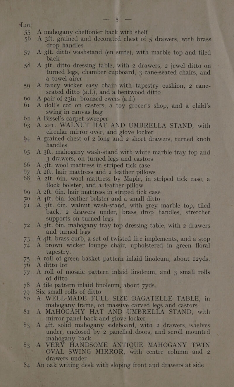 sLot 55 56 ae 58 59 60 61 weniine 5 ae A mahogany cheffonier back with shelf A 3ft. grained and decorated chest of 5 drawers, with brass drop handles A 3ft. ditto washstand (en suite), with marble top and tiled back A 3ft. ditto dressing table, with 2 drawers, 2 jewel ditto on turned legs, chamber cupboard, 3 cane- -seated chairs, and a towel airer A fancy wicker easy chair with tapestry cushion, 2 cane- seated ditto (a.f.), and a bentwood ditto A pair of 23in. bronzed ewers (a.f.) A doll’s cot on casters, a toy grocer’s shop, and a child’s swing in canvas bag A Bissel’s carpet sweeper A 2FT. WALNUT HAT AND UMBRELLA STAND, with circular mirror over, and glove locker A grained chest of 2 long and 2 short drawers, turned knob handles A 3ft. mahogany wash-stand with white marble tray top and — 3 drawers, on turned legs and castors A 3ft. wool mattress in striped tick case A 2ft. hair mattress and 2 feather pillows A aft. 6in. wool mattress by Maple, in striped tick case, a flock bolster, and a feather pillow A aft. 6in. hair mattress in striped tick case A 4ft. 6in. feather bolster and a small ditto A 3ft. 6in. walnut wash-stand, with grey marble top, tiled back, 2 drawers under, brass drop handles, stretcher supports on turned legs A 3ft. 6in. mahogany tray top dressing table, with 2 drawers and turned legs A 4ft. brass curb, a set of twisted fire implements, and a stop A brown wicker lounge chair, upholstered in green Tore tapestry. A roll of green basket pattern inlaid linoleum, about fives. A ditto lot A roll of mosaic pattern inlaid linoleum, and 3 small rolls of ditto A tile pattern inlaid linoleum, about 7yds. Six small rolls of ditto A WELL-MADE. FULL. SIZE -BAGATELEE: TABEE, in mahogany frame, on massive carved legs and castors A MAHOGAHY HAT AND UMBRELLA STAND, with mirror panel back and glove locker A 4ft. solid mahogany sideboard, with 2 drawers, ‘shelves under, enclosed by 2 panelled. doors, and scroll mounted mahogany back A VERY HANDSOME ANTIQUE MAHOGANY TWIN OVAL SWING MIRROR, with centre column and 2 drawers under An oak writing desk with sloping front and drawers at side