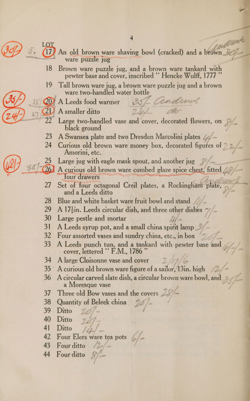 ? Aa yan 18 Brown ware puzzle jug, and a brown ware tankard with pewter base and cover, inscribed ““ Hencke Wulff, 1777 ”’ 19 ‘Tall brown ware jug, a brown ware puzzle jug and a brown ware two-handled water bottle, / OF A Leeds food warmer AS 2. Cevret tenn! 22 Large two-handled vase and cover, lecgaed flowers, on (2. black ground a 23 A Swansea plate and two Dresden Marcolini plates “4 24 Curious old brown ware money box, decorated fetes of; WS Amorini, etc. d A curious old brown w ware combed glaze spice chest; fi ited our ‘drawers is oe er es “ Picnic ii ot é . —— 27. Set of four octagonal Creil plates, a Rockingharit Cees = and a Leeds ditto P 28 Blue and white basket ware fruit bowl and stand “~~ 29 A 174in. Leeds circular dish, and three other dial. Ae ‘ y 4 30 Large pestle and mortar 4 31 A Leeds syrup pot, and a small china spitit Fenn | 32 Four assorted vases and sundry china, etc., inbox ©“ 5. 33 A Leeds punch tun, and a tankard with pewter base and cover, lettered “‘ F.M., 1786 ”’ 34 A large Cloisonne vase and cover 35 Acurious old brown ware figure of a sailor, a high 42/- 36 Acircular carved slate dish, a circular brown ware bow], and: a Moresque vase 37 Three old Bow vases and the covers . = 38 Quantity of Beleek china 96 39 Ditto 225/- / 40 Ditto 41 Ditto s4/. | 42 Four Elers ware tea pots 4 / 43 Fourditto /2 | 44 Fourditto 9/—