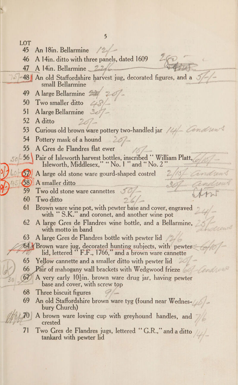 45 An 18in. Bellarmine 46 A 14in. ditto with bore panel dated 1609 ZED | ices arp E74}. | 48) A An old Staffordshire harvest jug, decorated ree: and § a small Bellarmine | Oe 49 A large Bellarmine Say 2) 50 Two smaller ditto “pGV= 51 Alarge Bellarmine oe é 52 Aditto tt fax 53 Curious old brown ware pottery two-handled j jar #44 54 Pottery mask of a hound : 55 A Gres de Flandres flat ewer «+56 \ Pair of Isleworth harvest bottles, inscribed “ William Platt, ug Isleworth, Middlesex,’’ “‘ No. | ’’ and “ No.2” TA large old stone ware gourd~-shaped costrel . A smaller ditto _ , : “27 60 Two ditto 61 Brown ware wine pot, with pewter we aad cover, engraved * with * S.K.” and coronet, and another wine pot | 62 A large Gres de Flandres wine bottle, and a Bellarmine, with motto in band 63 A large Gres de Flandres bottle with pewter lid lid, lettered “* F.F., 1766,” and a brown ware cannette 65 Yellow cannette and a smaller ditto with pewter lid air of mahogany wall brackets with Wedgwood frieze * A very early 104in. brown ware drug jar, having pewter base and cover, with screw top 68 Three biscuit figures 69 An old Staffordshire brown ware tyg (found near Wedace, y bury Church) YY } A0} A brown ware loving cup with greyhound hanced: afl a crested 71 Two Gres de Flandres jugs, lettered ‘* G.R.,” and a ditto tankard with pewter lid