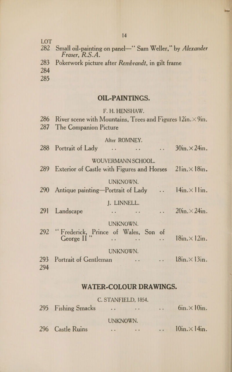 14 LOT 282 Small 5a on panel—‘‘ Sam Weller,” by Alexander Fraser, A. 283 Pokerwork Bail after Rembrandt, in gilt frame 284 285 OIL-PAINTINGS. F. H. HENSHAW. 286 River scene with Mountains, Trees and Figures | 2in. x 9in. 287. The Companion Picture After ROMNEY. 288 Portrait of Lady 3 whe .. 30m. 24in. WOUVERMANN SCHOOL. 289 Exterior of Castle with Figures and Horses 21in. 18in. UNKNOWN. 290 Antique painting—Portrait of Lady .. ~=‘14in.X I lin. J. LINNELL. 291 Landscape a A eg. LOU, X 2a. UNKNOWN. 292 ** Frederick, Prince nt bissi Son . George II] ”’ 18in. x 12in. UNKNOWN. 293 Portrait of Gentleman sd soos Bam X 135i. 294 | WATER-COLOUR DRAWINGS. C. STANFIELD, 1854. 295 Fishing Smacks i sa :4 6in. X 10in. UNKNOWN. 296 Castle Ruins ce of a 10in. x 14in.