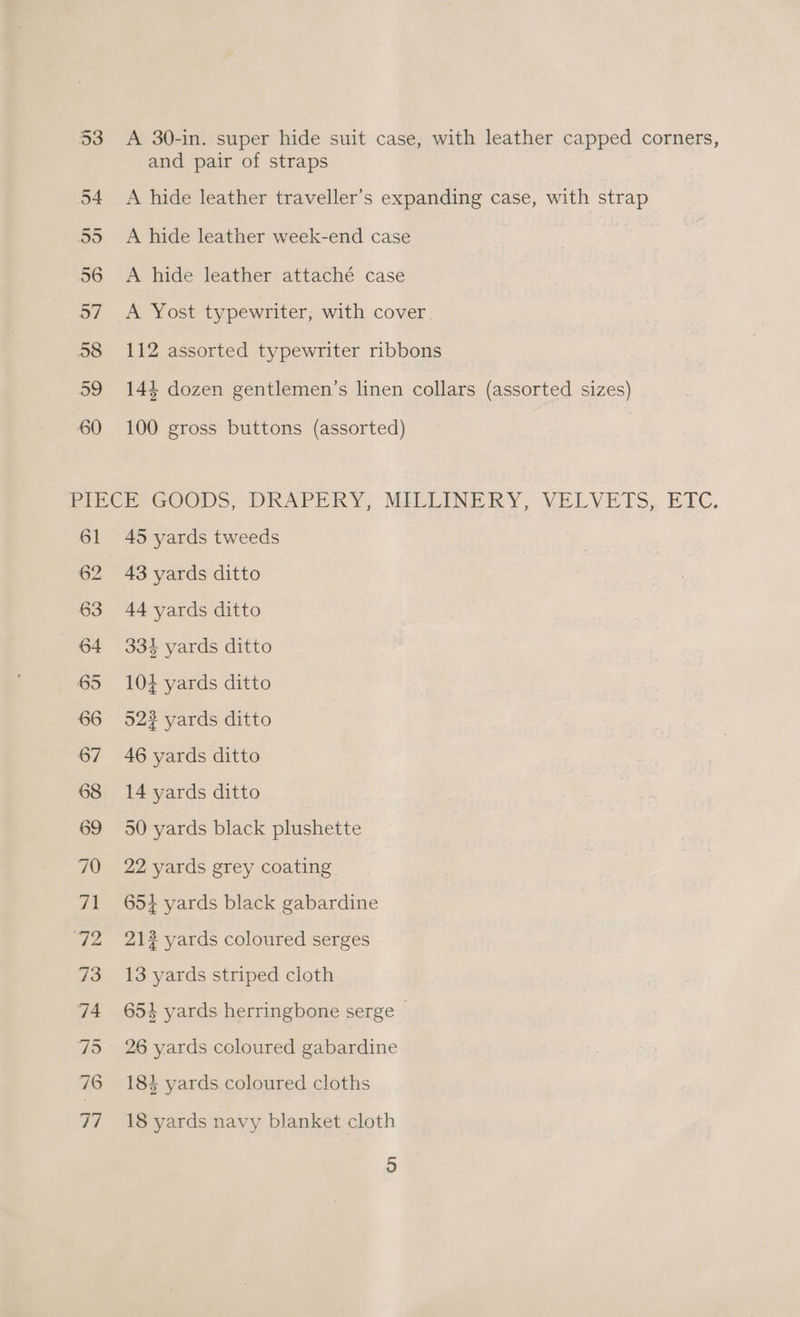 53 A 30-in. super hide suit case, with leather capped corners, and pair of straps 54 A hide leather traveller’s expanding case, with strap 55 A hide leather week-end case a 56 <A hide leather attaché case 57 <A Yost typewriter; with cover. 58 112 assorted typewriter ribbons 59 144 dozen gentlemen’s linen collars (assorted sizes) 60 100 gross buttons (assorted) BIvei GOODS, DKAPERY, MIELINERY, VELVETS, EEC. 61 45 yards tweeds 62 43 yards ditto 63 44 yards ditto 64 331 yards ditto 65 104 yards ditto 66 5232 yards ditto 67 46 yards ditto 68 14 yards ditto 69 50 yards black plushette 70 22 yards grey coating 71 654 yards black gabardine ‘72 212 yards coloured serges 73 13 yards striped cloth 74 654 yards herringbone serge ~ 75 26 yards coloured gabardine 76 18% yards coloured cloths 77 18 yards navy blanket cloth