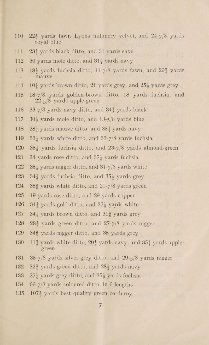 110 ill 112 113 114 115 116 EZ 118 119 120 12] 122 123 124 125 126 127 128 129 130 131 132 133 134 135 224 yards fawn Lyons millinery velvet, and 24-7/8 yards royal blue 234 yards black ditto, and 31 yards saxe 30 yards mole ditto, and 31? yards navy 184 yards fuchsia ditto, 11-7/8 yards fawn, and 293 yards mauve 104 yards brown ditto, 21 yards grey, and 254 yards grey 18-7/8 yards golden-brown ditto, 18 yards fuchsia,- and 22-5/8 yards apple-green | 33-7/8 yards navy ditto, and 34% yards black 30% yards mole ditto, and 13-5/8 yards blue 284 yards mauve ditto, and 354 yards navy 334 yards white ditto, and 33-7/8 yards fuchsia 354 yards fuchsia ditto, and 23-7/8 yards almond-green 34 yards rose ditto, and 37} yards fuchsia , 354 yards nigger ditto, and 31-7/8 yards white 344 yards fuchsia ditto, and 354 yards grey 352 yards white ditto, and 21-7/8 yards green 19 yards rose ditto, and 29 yards copper 344 yards gold ditto, and 373 yards white 344 yards brown ditto, and 312 yards grey 284 yards green ditto, and 27-7/8 yards nigger 342 yards nigger ditto, and 35 yards grey 112 yards white ditto, 20} yards navy, and 352 yards apple- green 35-7/8 yards silver-grey ditto, and 29-5/8 yards nigger 274 yards grey ditto, and 354 yards fuchsia 66-7/8 yards coloured ditto, in 6 lengths 10734 yards best quality green corduroy