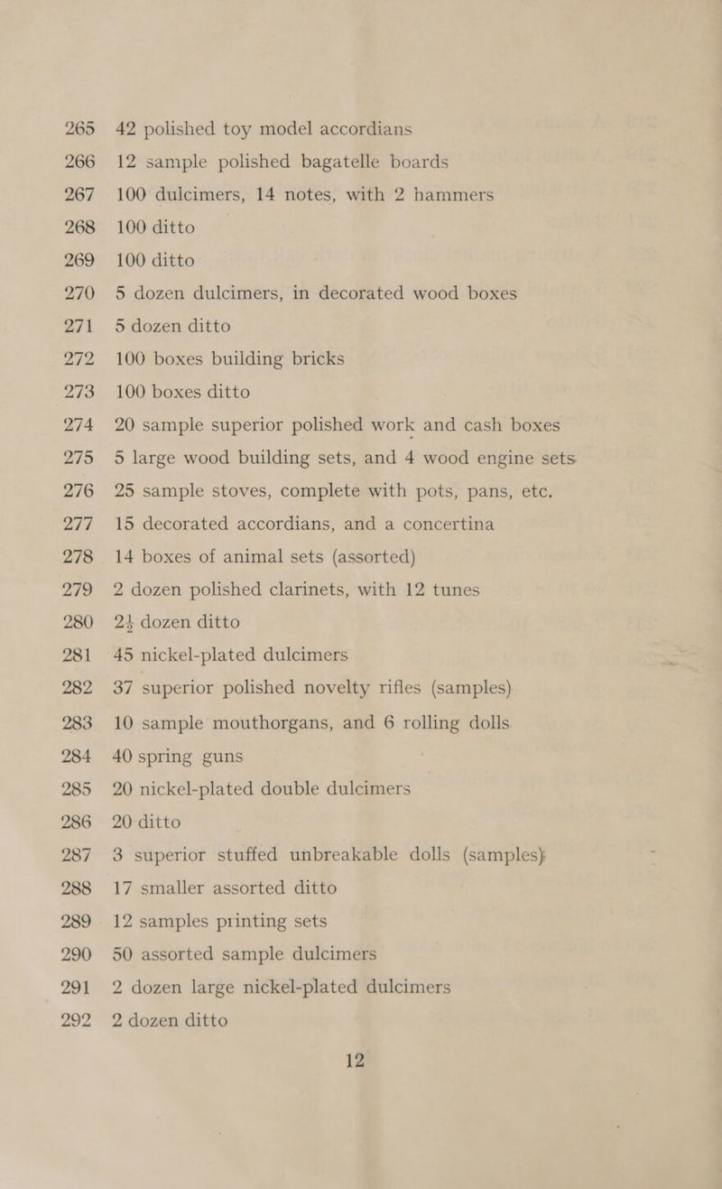 42 polished toy model accordians 12 sample polished bagatelle boards 100 dulcimers, 14 notes, with 2 hammers 100 ditto 100 ditto 5 dozen dulcimers, in decorated wood boxes 5 dozen ditto 100 boxes building bricks 100 boxes ditto 20 sample superior polished work and cash boxes 5 large wood building sets, and 4 wood engine sets 25 sample stoves, complete with pots, pans, etc. 15 decorated accordians, and a concertina 14 boxes of animal sets (assorted) 2 dozen polished clarinets, with 12 tunes 24 dozen ditto 45 nickel-plated dulcimers 37 superior polished novelty rifles (samples) 10 sample mouthorgans, and 6 rolling dolls. 40 spring guns 20 nickel-plated double dulcimers 20 ditto 3 superior stuffed unbreakable dolls (samples): 17 smaller assorted ditto 12 samples printing sets 50 assorted sample dulcimers 2 dozen large nickel-plated dulcimers 2 dozen ditto