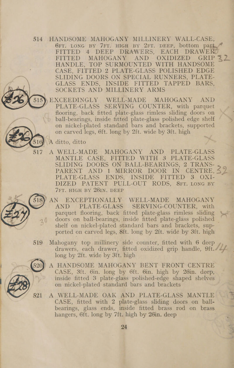 Ly : 5 6FT. LONG BY 7FT. HIGH BY 2FT. DEEP, bottom part. FITTED 4 DEEP DRAWERS, EACH DRAWER? FITTED MAHOGANY AND OXIDIZED GRIP 32. HANDLE, TOP SURMOUNTED WITH HANDSOME CASE, FITTED 2 PLATE-GLASS POLISHED EDGE SLIDING DOORS ON SPECIAL RUNNERS, PLATE- GLASS ENDS, INSIBE FITTED TAPPED BAR SOCKETS AND MILLINERY ARMS PLATE-GLASS SERVING COUNTER, with parquet flooring, back fitted plate-glass rimless sliding doors on ball-bearings, inside fitted plate-glass polished edge shelf on nickel-plated standard bars and brackets, supported on carved legs, 6ft. long by 2ft. wide by 3it. high ditto, ditto MANTLE CASE, FITTED WITH 3 PLATE-GLASS SLIDING DOORS ON BALL-BEARINGS, 2 TRANS- . PARENT AND 1 MIRROR DOOR IN CENTRE, $92 | PLATE-GLASS ENDS; ‘INSIDE FITTED 3 OXI- DIZED PATENT PULL-OUT RODS, 8FT. LONG By 7FT. HIGH BY 261N. DEEP (520) A A AND PLATE-GLASS SERVING-COUNTER, with parquet flooring, back fitted plate-glass rimless sliding doors on ball-bearings, inside fitted plate-glass polished | shelf on nickel-plated standard bars and brackets, sup- ported on carved legs, 8ft. long by 2ft. wide by 3ft. high ~ , drawers, each drawer, fitted oxidized grip handle, oft. ALL long by 2ft. wide by 3ft. high HANDSOME MAHOGANY BENT FRONT CENTRE CASE, 3ft. 6in. long by 6ft. 6in. high by 26in. deep, inside fitted 3 plate-glass polished-edge shaped shelves on nickel-plated standard bars and brackets WELL-MADE OAK AND PLATE-GLASS MANTLE * CASE, fitted with 2 plate-glass sliding doors on ball- ’ bearings, glass ends, inside fitted brass rod on brass hangers, 6ft. long by 7ft. high by 26in. deep ,