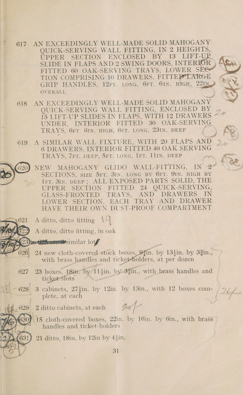 * 617 AN EXCEEDINGLY WELL-MADE SOLID MAHOGANY | QUICK-SERVING WALL FITTING, IN 2 HEIGHTS, UPPaR SECGLION ENCLOSED BY’ 13 LIFT-UL SLIDE IN FLAPS AND 2 SWING DOORS, INTER] R- ; FITTED 60 OAK-SERVING TRAYS, LOWER SE€# TION COMPRISING 10 DRAWERS, FITTER*LARGE a = GRIP HANDLES, “12FT. LONG, GFT. GIN. HIGH, 22tn. a LS OVERALL *, < 618 AN EXCEEDINGLY WELL-MADE SOLID MAHOGANY QUICK-SERVING WALL FITTING, ENCLOSED BY ». 15 LIFT-UP SLIDES IN FLAPS, WITH 12 DRAWERS “-” UNDER, -INTERIOR FITTED 30° OAK- SERVING TRAYS, 6rT. 6IN. HIGH, 6FT. LONG, 23IN, DEEP i Be » ae eo. A SIMILAR WALI HIXTURE? WITH 20 FLAPS AND 7 ye 6 DRAWERS, INTERIOR FITTED 40 OAK SERVING ~ TRAYS, 7FT. DEEP, SFT. LONG, IFT. LLIN. DEEP ~~ = NEW MAHOGANY GLIDO WALL- FITTING, IN ~2* SECTIONS, size 5FT. 3IN. LONG BY 6FT. QIN. HIGH BY ier 3in, DEER: ALL-2 X POSED PARES SOLID, THE UPPER SECTION Fir TED. 24 QUICK-SERVING, GLASS-FRONTED TRAYS, AND DRAWERS IN LOWER SECTION, EACH TRAY AND DRAWER HAVE THEIR OWN DUST-PROOF COMPARTMENT <—3621 A ditto, ditto fitting (4 A ditto, ditto fitting, in oak 2 imilar lof ? | 626) 24 new cloth-covered-stock boxes, ain. ig 134in. by 32in., | with een handles and ticketholders, at per dozen 627) 123: \boxes, > 18ine Dy. AL gin, by- 38in., with brass handles and ticket-STots \. | ‘a =628) 3 cabinets, 274in. by 12in. by 13in., with 12 boxes com- {97 / plete, at each fie: 2 ditto cabinets, at each Duet < [ ‘ 15 cloth-covered boxes, 22in. by 16in. by 6in., with brass handles and ticket-holders 21 ditto, 18in. by 12in by 44in. ol