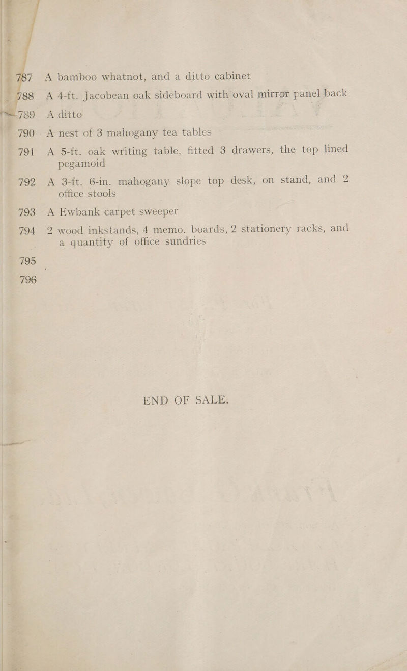 A 4ft. Jacobean oak sideboard with oval mirror panel back A nest of 3 mahogany tea tables A 5-ft. oak writing table, fitted 3 drawers, the top lined pegamoid A 3-ft. 6-in. mahogany slope top desk, on stand, and 2 office stools A Ewbank carpet sweeper 2 wood inkstands, 4 memo. boards, 2 stationery racks, and a quantity of office sundries END. OF SALE.