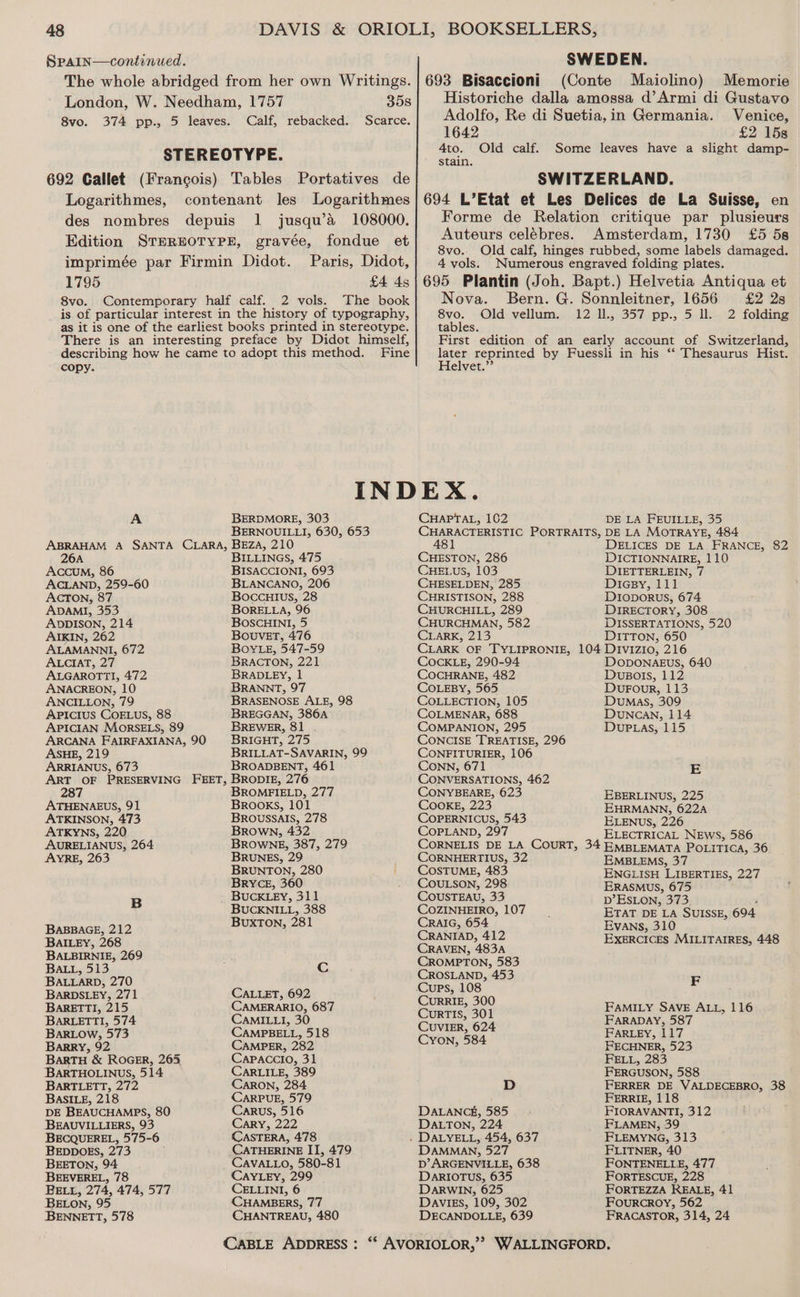 Logarithmes, des nombres 1795 8vo. 358 copy. A Maiolino) 1642 4to. stain. Old calf. 8vo. 4 vols. Amsterdam, 1730 £2 15s £5 58 Nova. Bern. G. Sonnleitner, 1656 £2 2s ore: Old-_vellum..12-l.,, 357 pp., 5.12 folding tables. Helvet.”’ BERDMORE, 303 BERNOUILLI, 630, 653 ADAMI, 353 ADDISON, 214 AIKIN, 262 ALAMANNI, 672 ALCIAT, 27 ALGAROTTI, 472 ANACREON, 10 ANCILLON, 79 APICIUS COELUS, 88 APICIAN MORSELS, 89 ASHE, 219 ARRIANUS, 673 BILLINGS, 475 BISACCIONI, 693 BLANCANO, 206 Boccuivs, 28 BORELLA, 96 BOSCHINI, 5 BOuveET, 476 Bove, 547-59 BRACTON, 221 BRADLEY, 1 BRANNT, 97 BRASENOSE ALE, 98 BREGGAN, 386A BREWER, 81 BRIGHT, 275 BRILLAT-SAVARIN, 99 BROADBENT, 461 287 ATHENAEUS, 91 ATKINSON, 473 ATKYNS, 220 AURELIANUS, 264 AYRE, 263 B BABBAGE, 212 BAILEY, 268 BALBIRNIE, 269 BALL, 513 BALLARD, 270 BARDSLEY, 271 BaRETTI, 215 BARLETTI, 574 BarRLow, 573 Barry, 92 BarRTH &amp; ROGER, 265 BaRTHOLINUS, 514 BARTLETT, 272 BASILE, 218 DE BEAUCHAMBPS, 80 BEAUVILLIERS, 93 BECQUEREL, 575-6 BEDDOES, 273 BEETON, 94 BEEVEREL, 78 BELL, 274, 474, 577 BELON, 95 BENNETT, 578 BROMFIELD, 277 Brooks, 101 Broussals, 278 Brown, 432 BROWNE, 387, 279 BRUNES, 29 BRUNTON, 280 BRYCE, 360 BUCKNILL, 388 BUXTON, 281 Cc CALLET, 692 CAMERARIO, 687 CAMILLI, 30 CAMPBELL, 518 CAMPER, 282 Capaccio, 31 CARLILE, 389 CARON, 284 CARPUE, 579 Carus, 516 Cary, 222 (CASTERA, 478 CATHERINE II, 479 CAVALLO, 580-81 CAYLEY, 299 CELLINI, 6 CHAMBERS, 77 CHANTREAU, 480 CHAPTAL, 102 CHESTON, 286 CHELUS, 103 CHESELDEN, 285 CHRISTISON, 288 CHURCHILL, 289 CHURCHMAN, 582 CLARK, 213 DE LA FEUILLE, 35 DICTIONNAIRE, 110 DIETTERLEIN, 7 Diasy, 111 D1IoDoRUS, 674 DIRECTORY, 308 DISSERTATIONS, 520 DITTON, 650 COCKLE, 290-94 COCHRANE, 482 COLEBY, 565 COLLECTION, 105 COLMENAR, 688 COMPANION, 295 CONFITURIER, 106 CONN, 671 CONVERSATIONS, 462 CONYBEARE, 623 COOKE, 223 COPERNICUS, 543 COPLAND, 297 CORNHERTIUS, 32 COSTUME, 483 COULSON, 298 COUSTEAU, 33 COZINHEIRO, 107 CRAIG, 654 CRANIAD, 412 CRAVEN, 483A CROMPTON, 583 CROSLAND, 453 CURRIE, 300 CourrTIs, 301 CUVIER, 624 CYON, 584 D DALANCE, 585 DALTON, 224 DAMMAN, 527 D’ ARGENVILLE, 638 DaRIOTUS, 635 DARWIN, 625 DavIEs, 109, 302 DECANDOLLE, 639 DODONAEUS, 640 Dusots, 112 DuFour, 113 Dumas, 309 Duncan, 114 DwupPpLas, 115 E EBERLINUS, 225 EHRMANN, 622A ELENUS, 226 EMBLEMS, 37 ERASMUS, 675 D’ Eston, 373 6 Evans, 310 F FARADAY, 587 FARLEY, 117 FECHNER, 523 FELL, 283 FERGUSON, 588 FERRIE, 118 - FIORAVANTI, 312 FLAMEN, 39 FLEMYNG, 313 FLITNER, 40 FONTENELLE, 477 FORTESCUE, 228 FORTEZZA REALE, 41 FOuRCROY, 562 FRACASTOR, 314, 24