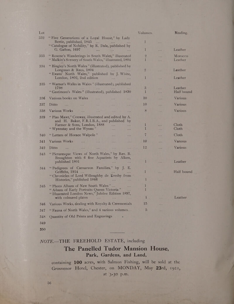 335 336 337 338 339 340 341 342 343 544 “Five Generations of a Loyal House,” by Lady Bertie, published, 1845... “Catalogue of Nobility,” Pe R. Dale, published by G. Gafton, 1697 ‘““ Roscoe’s Wanderings in South Wales,” illustrated ‘“* Malkin’s Scenery of South Wales,” illustrated, 1804 “ Bingley’s North Wales ” (illustrated), published by Longman &amp; Rees, 1804 “ Evans’ North Wales,” published by TW, hite, London, 1802, 2nd edition ‘*Warner’s Walks in Wales ” (illustrated), published 1798 a? ie “Gastineau’s Wales” (illustrated), published 1830 Various books on Wales Ditto Various Works ‘Plas Mawr,” Conway, illustrated and edited by A. and H. Baker, F.R.I.B.A., and published ey Farmer &amp; Sons, London, 1888 se ‘“Wynnstay and the Wynns” ‘“ Letters of Horace Walpole ” Various Works Ditto “Picturesque Views of North Wales,” by Rev. B. Broughton with 6 fine Aquatints by Alken, published 1801 - 3 a “Pedigrees of Carnarvon Families,” by J. E. Griffiths, 1914 ... “Chronicles of Lord Willoughby de Bresby from Histories,” published 1846 “ Photo Album of New South Wales” “ Aibum of Early Portraits Queen Victoria ” ‘‘Tllustrated London News,” Jubilee Edition 1897, Various Works, dealing with Royalty &amp; Ceremonials “Fauna of North Wales,” and 4 various volumes... Quantity of Old Prints and Engravings . Lo bo 10 10 -~I at 3-30 p.m, Binding. Leather Morocco Leather Leather Leather Leather Half bound Various Various Various Cloth Cloth Cloth Various Various Leather Half bound