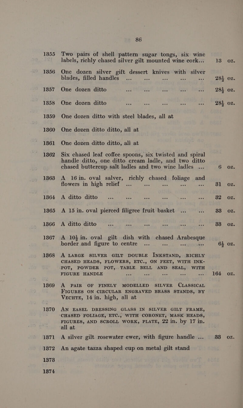 1355 1356 1357 1358 13859 1360 1861 13862 1363 13864 1865 1366 1867 1368 1369 13870 1371 1872 1378 1874 86 Two pairs of shell pattern sugar tongs, six wine labels, richly chased silver gilt mounted wine cork... One dozen silver gift dessert knives with silver blades, filled handles One dozen ditto One dozen ditto One dozen ditto with steel blades, all at One dozen ditto ditto, all at One dozen ditto ditto, ali at Six chased leaf coffee spoons, six twisted and spiral handle ditto, one ditto cream ladle, and two ditto chased buttercup salt ladles and two wine ladles A 16in. oval salver, richly chased foliage and flowers in high relief : ” nae sae A ditto ditto A 15 in. oval pierced filigree fruit basket A ditto ditto A 10} in. oval gilt dish with chased Arabesque border and figure to centre fa and te A LARGE SILVER GILT DOUBLE INKSTAND, RICHLY CHASED HEADS, FLOWERS, ETC., ON FEET, WITH INK- POT, POWDER POT, TABLE BELL AND SEAL, WITH FIGURE HANDLE A PAIR OF FINELY MODELLED SILVER CLASSICAL FIGURES ON CIRCULAR ENGRAVED BRASS STANDS, BY VECHTE, 14 in. high, all at AN EASEL DRESSING GLASS IN SILVER GILT FRAME, CHASED FOLIAGE, ETC., WITH CORONET, MASK HEADS, FIGURES, AND SCROLL WORK, PLATE, 22 in. by 17 in. all at A silver gilt rosewater ewer, with figure handle ... An agate tazza shaped cup on metal gilt stand 18 (Oz 283 oz 28 oz 283 02. 6 OZ 31 Oz 82 02 838 02 338 OZ 64 oz 164 OZ. B83 (OZ.