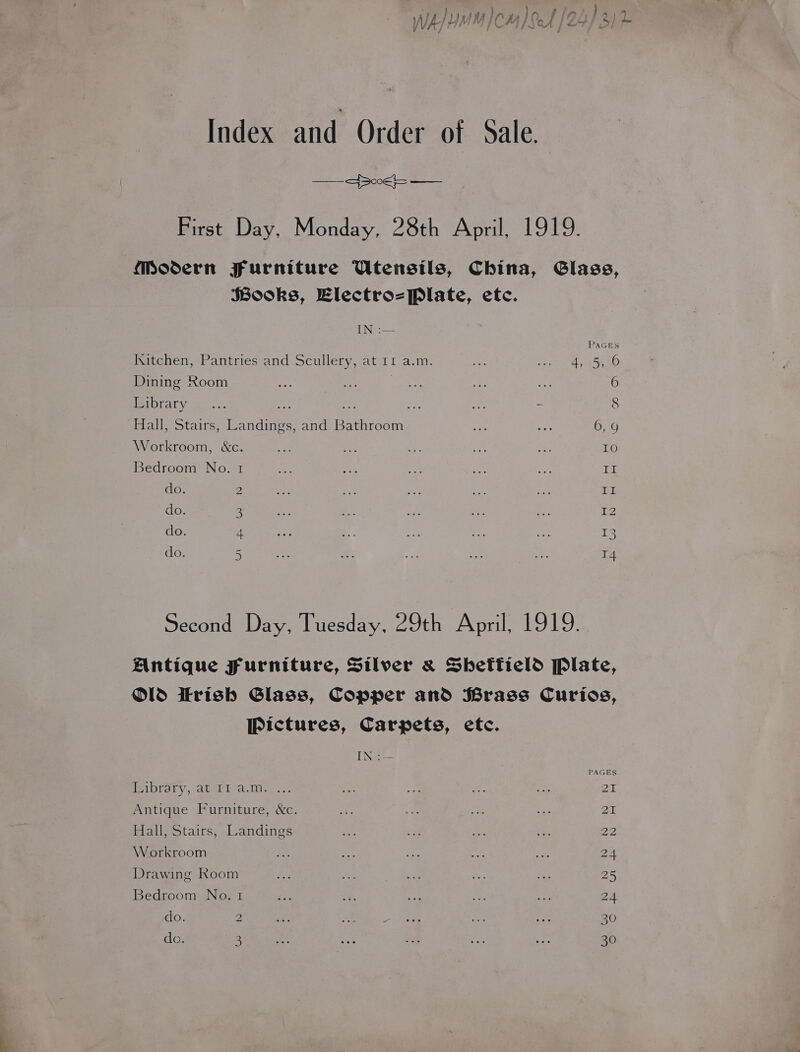 Index and Order of Sale. ee First Day, Monday, 28th April, 1919. Modern Furniture Utensils, China, Glass, Hooks, Electro= Plate, ete. IN. :— PAGES Kitchen, Pantries and Scullery, at 11 a.m. es) fed 5 LO Dining Room ere ag me A te 6 IetOrary. oo te... me oe iar om - 8 Hall, Stairs, Landings, and Bathroom ae ae 6,9 Workroom, &amp;c. aes ane 1 ae kere IO Bedroom No. 1 If do. 2 II do. 3 ae <s ee sa at) 12 do. 4 13 do. 5 T4 Second Day, Tuesday, 29th April, 1919. Antique Furniture, Silver x Sbetticld Plate, Od Itrish Glass, Copper and fBrass Curios, Pictures, Carpets, ete. Nee PAGES iibraty,(apar ia tiene 21 Antique Furniture, &amp;c. 21 Hall, Stairs, Landings 22 Workroom 24 Drawing Room 25 Bedroom No. 1 24 do. 2 30 do. 3 30