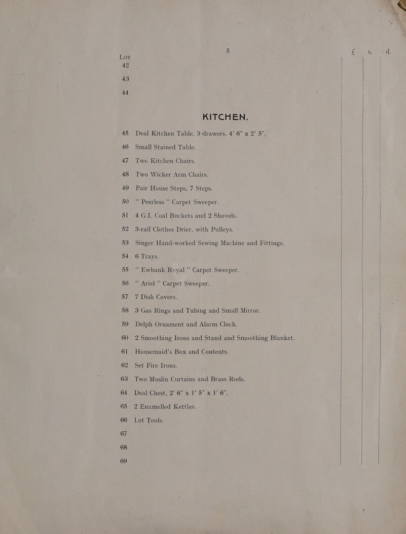 LEOR 42 43 44 KITCHEN. Deal Kitchen Table, 3-drawers, 4’ 6 x 235 Small Stained Table. Two Kitchen Chairs. Two Wicker Arm Chairs. Pair House Steps, 7 Steps. “ Peerless”? Carpet Sweeper. 4 G.I. Coal Buckets and 2 Shovels. 3-rail Clothes Drier, with Pulleys. Singer Hand-worked Sewing Machine and Fittings. 6 Trays. ‘“ Ewbank Royal ”’ Carpet Sweeper. “ Ariel’ Carpet Sweeper: 7 Dish Covers. 3 Gas Rings and Tubing and Small Mirror. Delph Ornament and Alarm Clock. 2 Smoothing Irons and Stand and Smoothing Blanket. Housemaid’s Box and Contents. Set Fire Irons. Two Muslin Curtains and Brass. Rods. Dealt hesteleG.xel.o xeleow 2 Enamelled Kettles. Lot Tools.