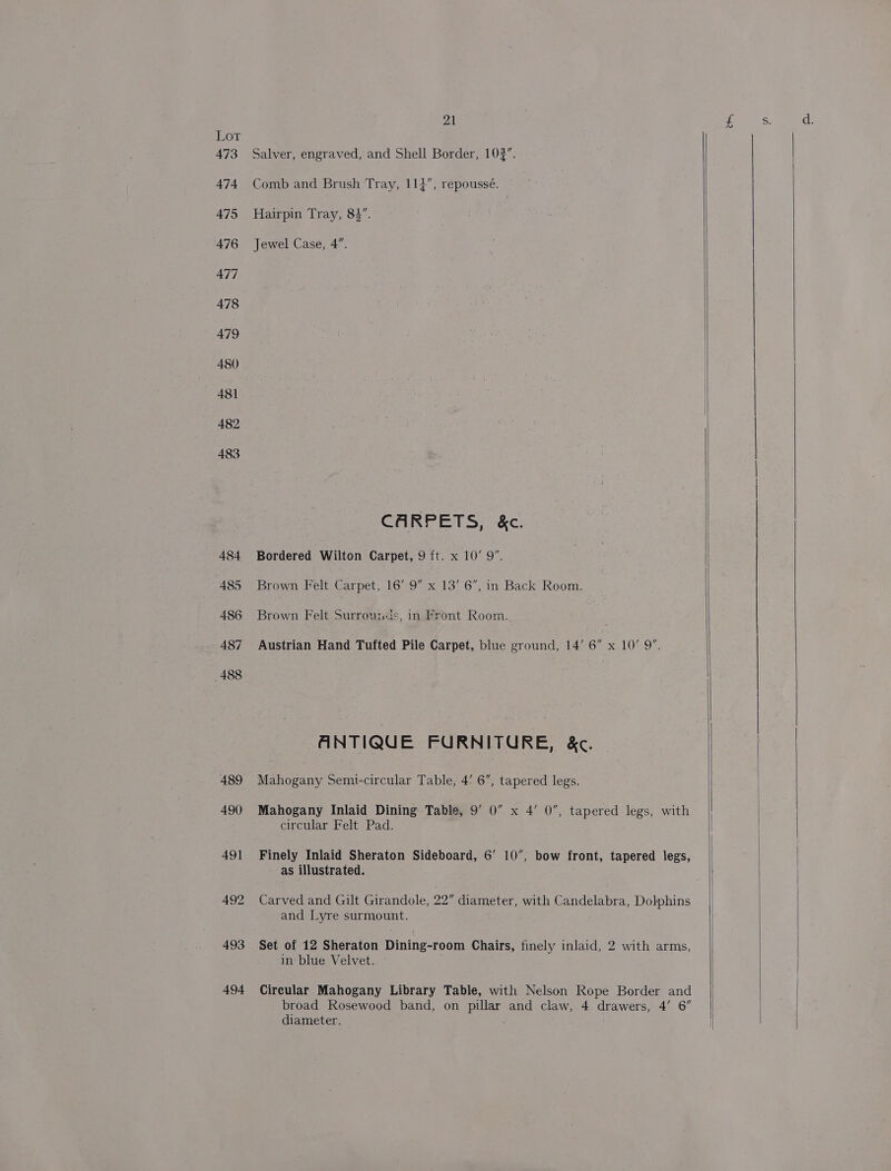 om 473 474 475 476 477 478 479 480 481 482 483 484 485 486 487 488 489 490 493 494 21 Salver, engraved, and Shell Border, 102”. Comb and Brush Tray, 112”, répoussé. Hairpin Tray, 83”. Jewel Case, 4”. CARPETS, &amp;c. Bordered Wilton Carpet, 9 ft. x 10’ 9”. Brown Felt Carpet, 16'-9sx 13° 6. in: Back Roonz. Brown Felt Surrounds, in Front Room. Austrian Hand Tufted Pile Carpet, blue ground, 14’ 6” x 10’ 9”. ANTIQUE FURNITURE, &amp;c. Mahogany Semi-circular Table, 4’ 6”, tapered legs. Mahogany Inlaid Dining Table, 9’ 0” x 4’ 0”, tapered legs, with circular Felt Pad. Finely Inlaid Sheraton Sideboard, 6’ 10”, bow front, tapered legs, as illustrated. Carved and Gilt Girandole, 22” diameter, with Candelabra, Dolphins and Lyre surmount. Set of 12 Sheraton Dining-room Chairs, finely inlaid, 2 with arms, in blue Velvet. . Circular Mahogany Library Table, with Nelson Rope Border and broad Rosewood band, on pillar and claw, 4 drawers, 4’ 6” diameter,