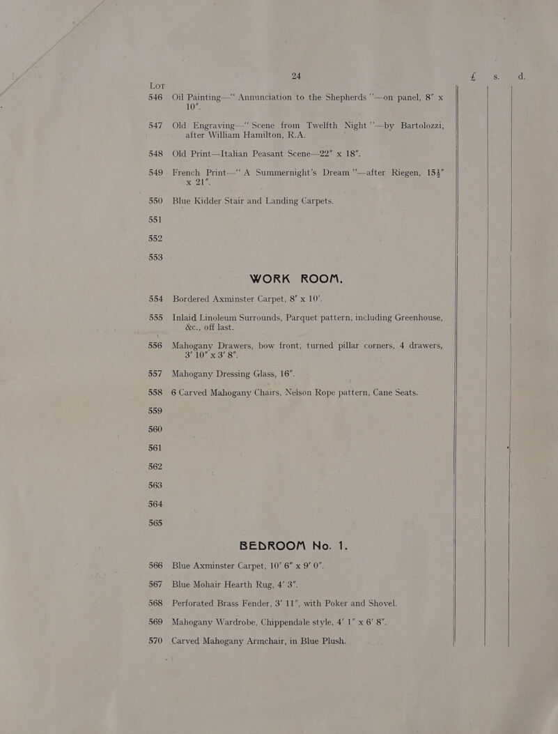 Vor 546 24 Oil Painting—‘“ Annunciation to the Shepherds ’’—on panel, 8” x LOX, Old Engraving—‘‘ Scene from Twelfth Night ’’—by Bartolozzi, after William Hamilton, R.A. Old Print—Itahan Peasant Scene—22” x 18”. French Print—‘ A Summernight’s Dream ’’—after Riegen, 154” VAL Blue Kidder Stair and Landing Carpets. WORK ROOM, Bordered Axminster Carpet, 8’ x 10’. Inlaid Linoleum Surrounds, Parquet pattern, including Greenhouse, Woe ott last; Mahogany Drawers, bow front, turned pillar corners, 4 drawers, eNO xaos). Mahogany Dressing Glass, 16”. 6 Carved Mahogany Chairs, Nelson Rope pattern, Cane Seats. BEDROOM No. 1. Blue Axminster Carpet, 10’ 6” x 9’ 0”. Blue Mohair Hearth Rug, 4’ 3”. Perforated Brass Fender, 3’ 11”, with Poker and Shovel. Mahogany W ardrobe, Chippendale style, 4’ 1” x 6’ 8”. | Carved Mahogany Armchair, in Blue Plush.