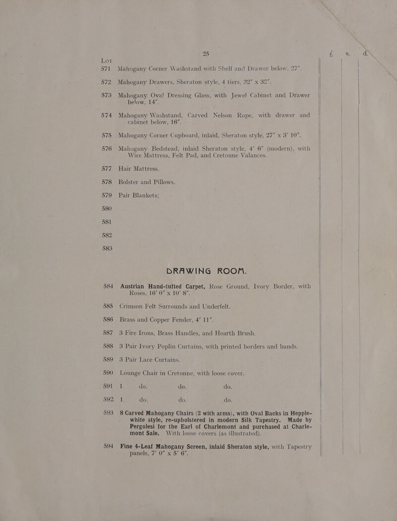 con byt 972 573 594 25 Mahogany Corner Washstand with Shelf and Drawer below, 27. Mahogany Drawers, Sheraton style, 4 tiers, 32” x 32”. Mahogany Oval Dressing Glass, with Jewel Cabinet and Drawer below, 14”. Mahogany Washstand, Carved Nelson Rope, with drawer and cabinet below, 16”. Mahogany Corner Cupboard, inlaid, Sheraton style, 27” x 3’ 10”. Mahogany Bedstead, inlaid Sheraton style, 4’ 6” (modern), with Wire Mattress, Felt Pad, and Cretonne Valances. Hair Mattress. Bolster and Pillows. Pair Blankets; DRAWING ROOM. Austrian Hand-tufted Carpet, Rose Ground, Ivory Border, with Roses, 16’ 0” x 10’ 8”. ISSREGs Felt Surrounds and Underfelt. Brass and Copper Fender, 4’ 11”. 3 Fire Irons, Brass Handles, and Hearth Brush. 3 Pair Ivory Poplin Curtains, with printed borders and bands. 3 Pair Lace Curtains. Lounge Chair in Cretonne, with loose cover. 1 do. do. do. by do. do. do. 8 Carved Mahogany Chairs (2 with arms), with Oval Backs in Hepple- white style, re-upholstered in modern Silk Tapestry. Made by Pergolesi for the Earl of Charlemont and purchased at Charle- mont Sale. With loose covers (as illustrated). Fine 4-Leaf Mahogany Screen, inlaid Sheraton style, with Tapestry Panels. /.0- x0. 67.