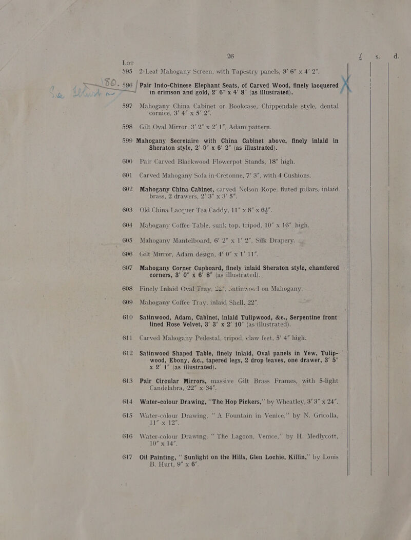 &amp; 2-Leaf Mahogany Screen, with Tapestry panels, 3’ 6” x 4’ 2”. | Pair Indo-Chinese Elephant Seats, of Carved Wood, finely lacquered Mahogany China Cabinet or Bookcase, Chippendale style, dental cormice,. 3° 44-342 Gilt Oval Mirror, 3’ 2” x 2’ 1”, Adam pattern. Mahogany Secretaire with China Cabinet above, finely inlaid in Sheraton style, 2’ 0” x 6’ 2” (as illustrated). Pair Carved Blackwood Flowerpot Stands, 18” high. Carved Mahogany Sofa in-Cretonne, 7’ 3”, with 4 Cushions. Mahogany China Cabinet, carved Nelson Rope, fluted pillars, inlaid brass, Z:drawers, 23” x ou a Old China Lacquer Tea Caddy, 11” x 8 x 62. Mahogany Coffee Table, sunk top, tripod, 10” x 16” bigh. Mahogany Mantelboard, 62 txils 27 SSilke Drapery. Gilt Mirror, Adam design, 4’ 0 x 1’ 11”. Mahogany Corner Cupboard, finely inlaid Sheraton style, chamfered corners, 3’ 0” x 6’ 8” (as illustrated). Finely Inlaid Oval Tray, 32”, satinwvood on Mahogany. Mahogany Coffee Tray, inlaid Shell, 22”. Satinwood, Adam, Cabinet, inlaid Tulipwood, &amp;c., Serpentine front lined Rose Velvet, 3’ 3” x 2’ 10” (as illustrated). Carved Mahogany Pedestal, tripod, claw feet, 5’ 4” high. wood, Ebony, &amp;c., tapered legs, 2 drop leaves, one drawer, 3’ 5” x 2’ 1” (as illustrated). Pair Circular Mirrors, massive Gilt Brass Frames, with 5-light Candelabra,.:22” x 34. Water-colour Drawing, ‘The Hop Pickers,” by Wheatley, 3’ 3” x 24”. Water-colour Drawing, “ A Fountain in Venice,” by N. Gricolla, (a hie cet Bet Water-colour Drawing, “ The Lagoon, Venice,’ by H. Medlycott, 10” x 14”. Oil Painting, ‘‘ Sunlight on the Hills, Glen Lochie, Killin,’ by Louis BoHurt 9 x6. | i