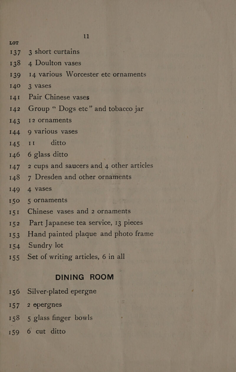 137 138 139 140 I4I 142 143 144 145 146 147 148 149 150 I51 152 153 154 155 156 157 158 Pee, 11 3 short curtains 4 Doulton vases 14 various Worcester etc ornaments 3 vases Pair Chinese vases Group “ Dogs ete” and tobacco jar I2 ornaments Q various vases 11 ditto 6 glass ditto 2 cups and saucers and 4 other articles 7 Dresden and other ornaments 4 vases 5 ornaments Chinese vases and 2 ornaments Part Japanese tea service, 13 pieces Hand painted plaque and photo frame Sundry lot Set of writing articles, 6 in all DINING ROOM Silver-plated epergne 2 epergnes 5 glass finger bowls