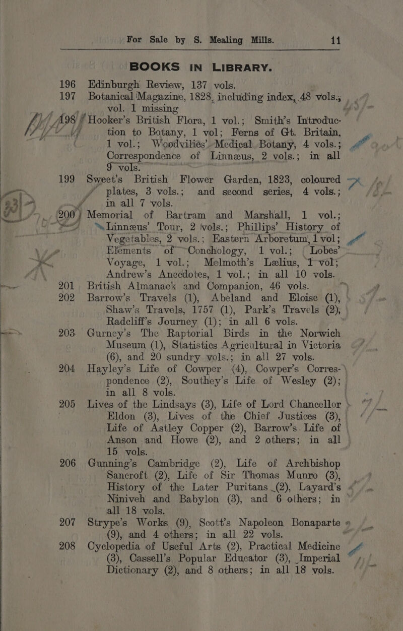 pees 196 197 BOOKS IN LIBRARY. Edinburgh Review, 137 vols. vol. 1 missing ‘Hooker’s British Flora, 1 vol.; Smith’s Introduc- tion to Botany, 1 vol; Ferns of Gt. Britain, 1 vol.; Woodviliés’ Medical Botany, 4 vols.; Correspondence of Linneus, 2 vols.; in all 9 vols. 201 202 203 204. 205 206 207 208 . plates, 3 vols.; and second series, 4 vols.; in all 7 vols. “ Linneus’ Tour, 2 vols.; Phillips’ History of Vegetables, 2 vols. ; Eastern Arboretum’ 1 vol; Elements of Conchology, 1 vol.; ‘Lobes? Voyage, 1 vol.; Melmoth’s Lelius, ‘T vol; Andrew’s ‘Aneddbtes, 1 vol.; in all 10. vols. British Almanack and Companion, 46 vols. Radcliff's Journey (1); in all 6 vols. Gurney’s The Raptorial Birds in the Norwich Museum (1), Statistics Agricultural in Victoria (6), and 20 sundry vols.; in all 27 vols. Hayley’s Life of Cowper (4), Cowper’s Corres- in all 8 vols. Eldon (8), Lives of the Chief Justices (8), Life of Astley Copper (2), Barrow’s. Life of Anson and Howe (2), and 2 others ; in all 15 vols. Gunning’s Cambridge (2), Life of Archbishop Sancroft (2), Life of Sir Thomas Munro (3), Niniveh and Babylon (8), and 6 others; in all 18 vols. (9), and 4 others; in all 22 vols. Cyclopedia of Useful hee (2), Practical Medicine (3), Cassell’s Popular Educator (3), Imperial ~ Dictionary (2), and 8 others; in all 18 vols.