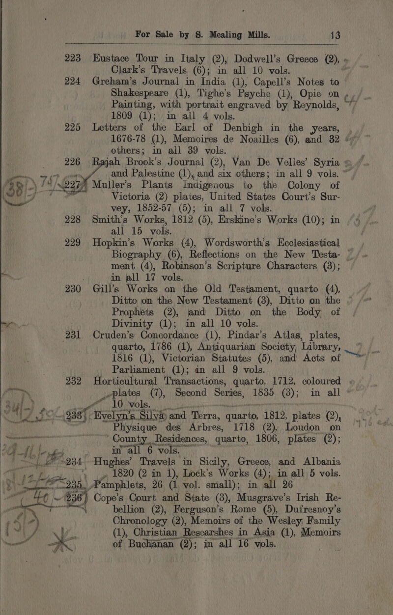 Clark’s Travels (6); in all 10 vols. 224 Greham’s Journal in India (1), Capell’s Notes to Shakespeare (1), Tighe’s Psyche (1), Opie on Painting, with portrait engraved by Reynolds, 1809 (1); in all 4 vols. 225 Letters of the eet of Denbigh in the years, others; in all 39 vols. Victoria (2) plates, United States Court’s Sur- vey, 1852-57 (5); in all 7 vols. 228 Smith's Works, 1812 (5), Erskine’s Works (10); in all 15 vols. Biography (6), Refiections on the New Testa- in all 17 vols. 230 Gill’s Works on the Old Testament, quarto (4), Ditto on the New Testament (3), Ditto on the Prophets (2), jand Ditto on the Body of Divinity (1); in all 10 vols. 231 Cruden’s Concordance (1), Pindar’s Atlas, plates, quarto, 1786 (1), Antiquarian Society, Library, 1816 (1), Victorian Statutes (5), and Acts of Parliament (1); an all 9 vols. 232 Horticultural Transactions, quarto, 1712, coloured A. 10 vols. ‘ jad 938%, iy Evelyn’s. Silva: and a aarte 1812, plates (2), Physique des Arbres, 1718 (2), Loudon on bres nou) ARTES County, Residences, quarto, 1806, plates (2); nt) ee ee A nf &amp; be, oh in” all 6 vols. brad 234 Hughes’ Travels in Sicily, Greece, and Albania ; 1820 (2 in 1), Lock’s Works (4); in all 5 vols. ya 935 Pamphlets, 96 (1 vol. small); in all 26 De, er ~ - $38) Cope’s Court and State (3), Musgrave’s Irish Re- Pw bellion (2), Ferguson’s Rome (5), Dufresnoy’s gale Chronology (2), Memoirs of the Wesley, Family Bon “/ (1), Christian Researshes in Asia (1), Memoirs of Buchanan (2); in all 16 vols. Ps 226 aejah. ewe Journal (2), Van De Velles’ Syria * Pat seh and Palestine (1), and six others; in all 9 vols. ~ N22 Muller's Plants imdigenous io the Colony of