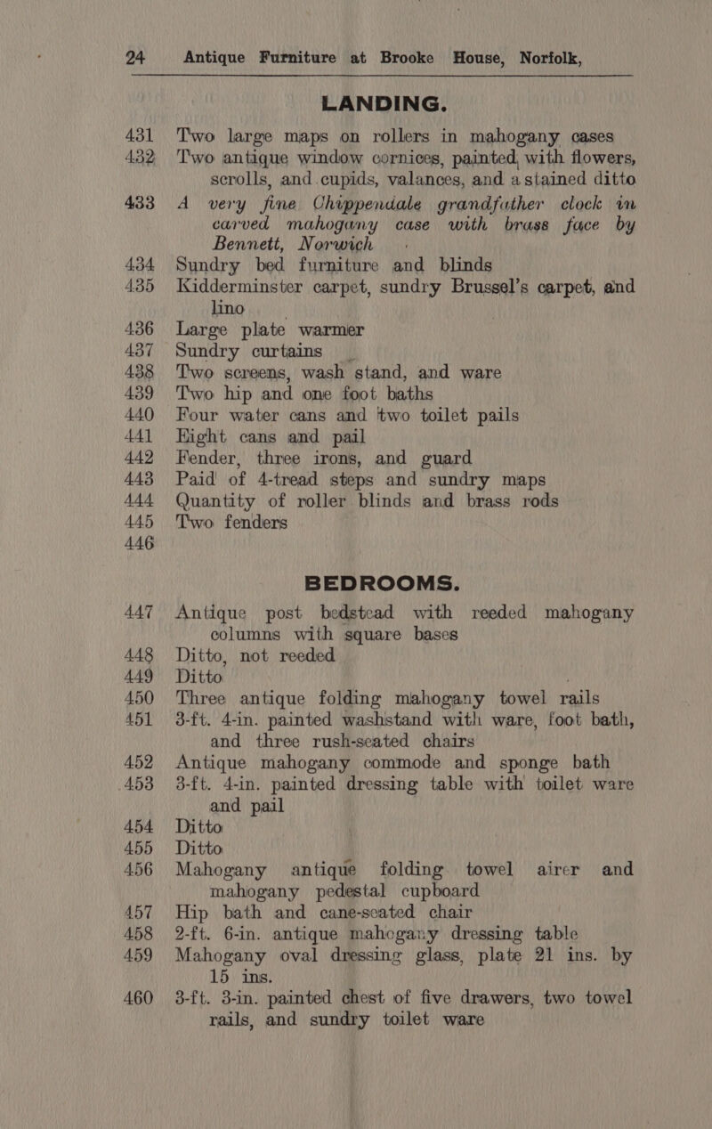 431 432 LANDING. Two large maps on rollers in mahogany cases Two antique window cornices, painted, with flowers, scrolls, and.cupids, valances, and astained ditto A very fine Chippendale grandfuther clock wm carved mahogany case with brass face by Bennett, Norwich Sundry bed furniture and blinds Kidderminster carpet, sundry Brussel’s carpet, and lino Large plate warmer Sundry curtains _ Two sereens, wash stand, and ware Two hip and one foot baths Four water cans and two toilet pails Right cans and pail Fender, three irons, and guard Paid of 4-tread steps and sundry maps Quantity of roller blinds and brass rods Two fenders BEDROOMS. Antique post bedstead with reeded mahogany columns with square bases Ditto, not reeded Ditto Three antique folding mahogany towel rails 3-ft. 4-in. painted washstand with ware, foot bath, and three rush-seated chairs Antique mahogany commode and sponge bath 3-ft. 4-in. painted dressing table with toilet ware and pail Ditto Ditto Mahogany antique folding towel airer and mahogany pedestal cupboard Hip bath and cane-scated chair 2-ft. 6-in. antique mahogany dressing table Mahogany oval dressing glass, plate 21 ins. by 15 ins. 3-ft. 3-in. painted chest of five drawers, two towel rails, and sundry toilet ware