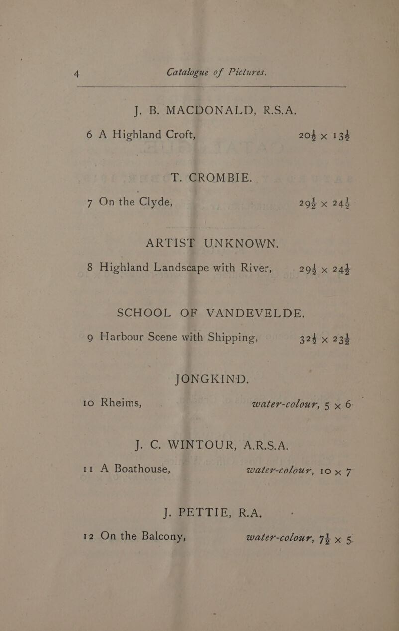 J. B, “MACDONALD, RSA. 6 A Highland Croft, 204 x 134 'T. CROMBIE. 7 On the Clyde, 29% x 24 ARTIST UNKNOWN. 8 Highland Landscape with River, 294 x 244 SCHOOL O88. VANDEVELDE. 9 Harbour Scene with Shipping, 324 x 234 JONGKIND. 10 Rheims, water-colour, 5 x 6 J. C. WINTOUR, A.R.S.A. 11 A Boathouse, ~ water-colour, 10x 7 J. PETTIE, R.A.