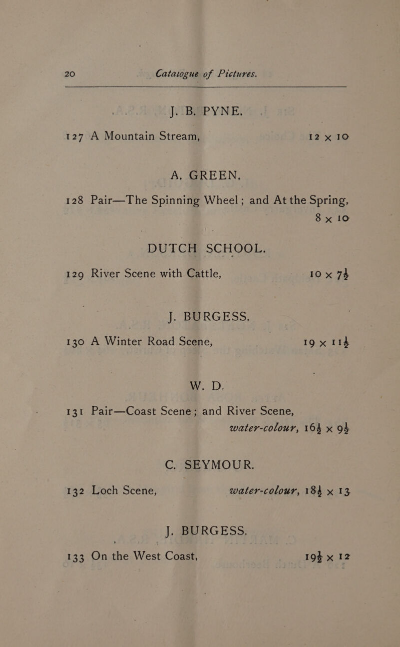 ). (BaP YN E, 127 A Mountain Stream, 12x 10 A. GREEN. 128 Pair—The Spinning Wheel; and At the Spring, 8 x 10 DUTCH SCHOOL. 129 River Scene with Cattle, 10x 74 J. BURGESS. 130 A Winter Road Scene, | 19 x 114 W. D. 131 Pair—Coast Scene; and River Scene, water-colour, 164 x 94 C. SEYMOUR. 132 Loch Scene, water-colour, 184 x 13 J. BURGESS. 133 On the West Coast, — «19$ x 12