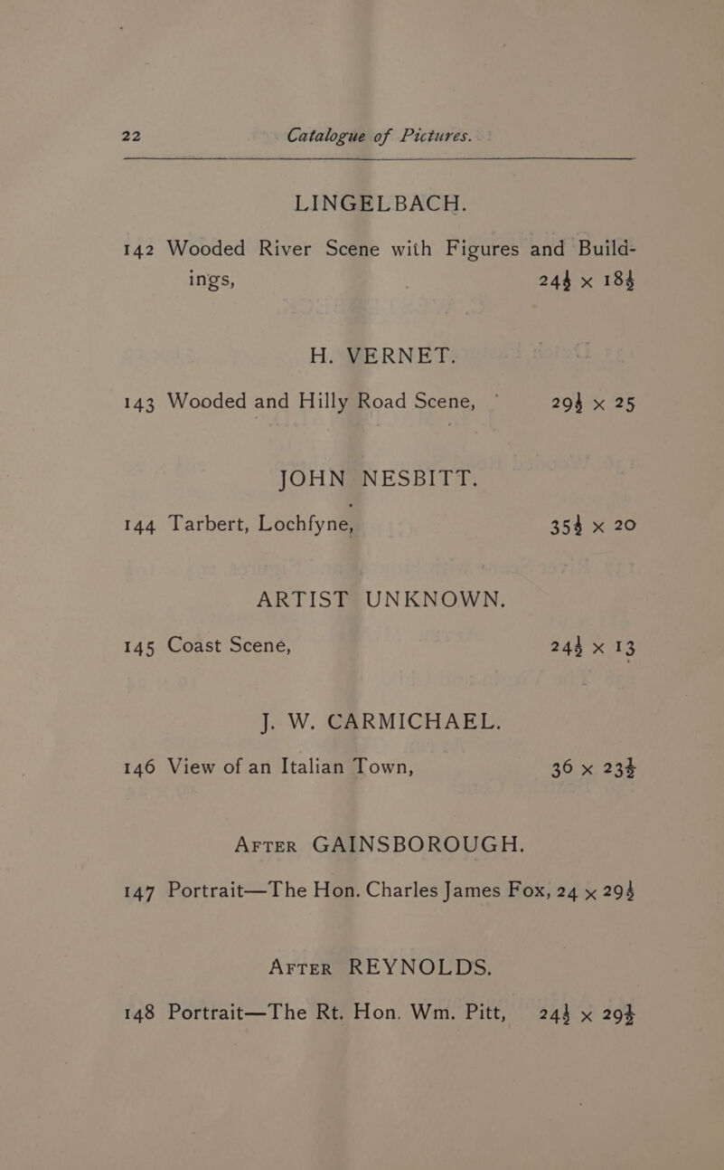 LINGELBACH. 142 Wooded River Scene with Figures and Build- ings, 244 x 184 H. VERNET. 143 Wooded and Hilly Road Scene, ~ 294 x 25 JOHN NESBITT. 144 Tarbert, Lochfyne, 354 x 20 ARTIST UNKNOWN. 145 Coast Scene, 244 x 13 J. W. CARMICHAEL. 146 View of an Italian Town, 36 x 234 Arter GAINSBOROUGH. 147 Portrait—The Hon. Charles James Fox, 24 x 294 AFTER REYNOLDS. 148 Portrait—The Rt. Hon. Wm. Pitt, 244 x 294