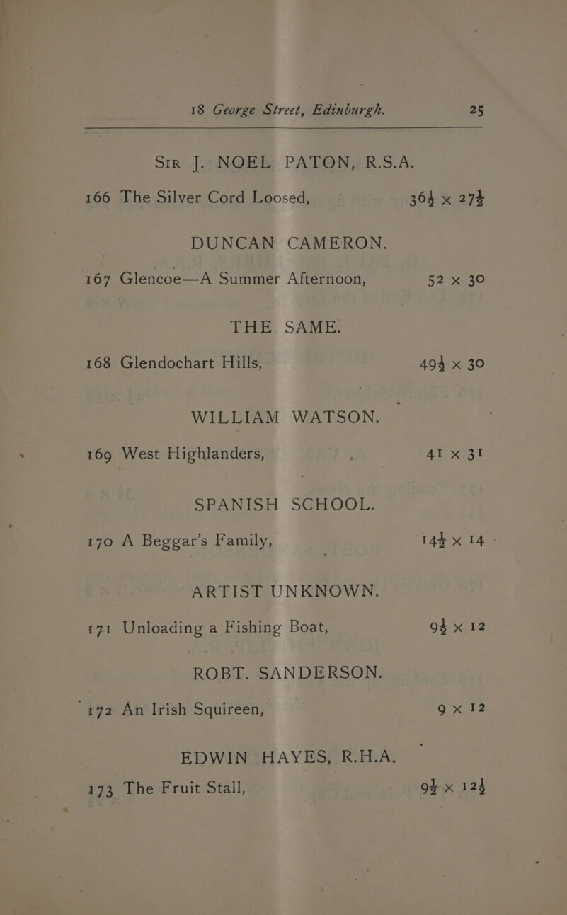 166 The Silver Cord Loosed, DUNCAN CAMERON. 167 Glencoe—A Summer Afternoon, THE. SAME. 168 Glendochart Hills, WILLIAM WATSON. 169 West Highlanders, SPAMiSH SGEOOl: 170 A Beggar's Family, ARTIST UNKNOWN. 171 Unloading a Fishing Boat, ROBT. SANDERSON. '172 An Irish Squireen, EDWIN HAYES, R.H.A., 173 The Fruit Stall, 364 x 27% 52 x 30 494 x 30 41 x 31 145 xX 14 94 x 12 9 xX 52 94 Ss 124