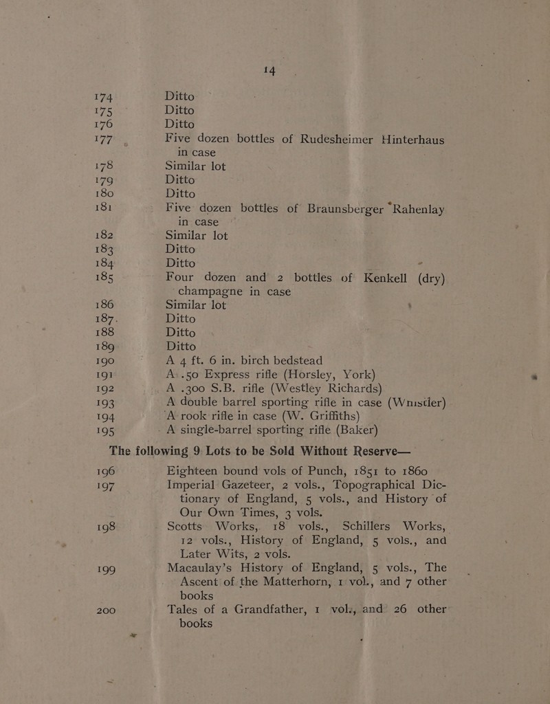 174 175 176 177 178 179 180 181 182 183 184 185 186 188 189 Igo 1g] 192 193 194 19§ Ditto Ditto Ditto Five dozen bottles of Rudesheimer Hinterhaus in case Similar lot Ditto Ditto Five dozen bottles of Braunsberger “Rahenlay in case Similar lot Ditto Ditto 4 * Four dozen and 2 bottles of Kenkell (dry) champagne in case . Similar lot Ditto Ditto Ditto A 4 ft. 6 in. birch bedstead A».50 Express rifle (Horsley, York) A .300 S.B. rifle (Westley Richards) A double barrel sporting rifle in case (Wnustler) 196 197 198 199 200 Eighteen bound vols of Punch, 1851 to 1860 Imperial Gazeteer, 2 vols., Topographical Dic- tionary of England, 5 vols., and History of Our Own Times, 3 vols. Scotts Works, 18 vols., Schillers Works, 12 vols., History of England, 5 vols., and Later Wits, 2 vols. Macaulay’s History of England, 5 vols., The Ascent of the Matterhorn, 1 vol., and 7 other books Tales of a Grandfather, 1 vols, and 26 other books
