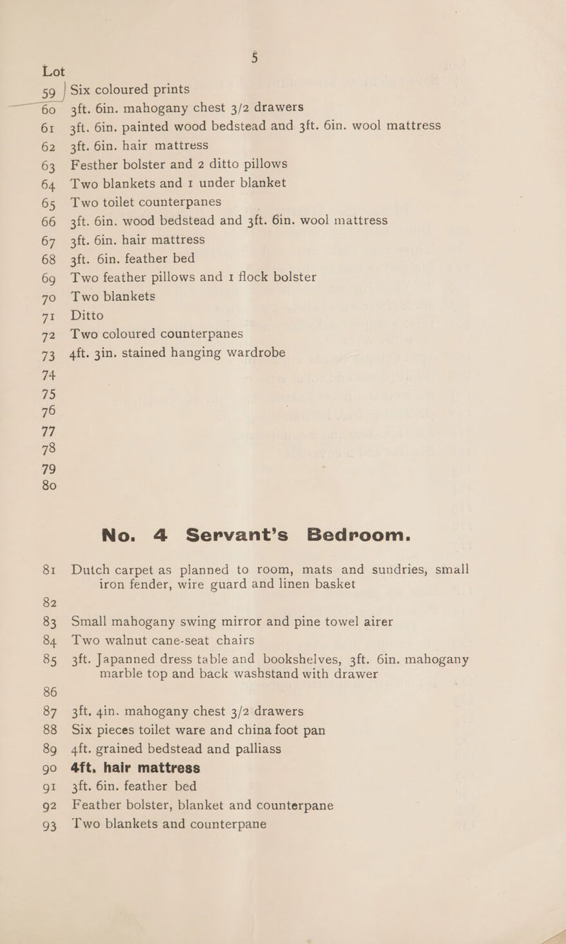 SI 82 83 84 85 86 87 88 89 go gi g2 93 Six coloured prints 3ft. 6in. mahogany chest 3/2 drawers 3ft. Gin. painted wood bedstead and 3ft. 6in. wool mattress 3ft. 6in. hair mattress Festher bolster and 2 ditto pillows Two blankets and 1 under blanket Two toilet counterpanes 3ft. 6in. wood bedstead and 3ft. 6in. wool mattress 3ft. 6in. hair mattress 3ft. 6in. feather bed Two feather pillows and 1 flock bolster Two blankets Ditto } Two coloured counterpanes 4ft. 3in. stained hanging wardrobe No. 4 Servant’s Bedroom. Dutch carpet as planned to room, mats and sundries, small iron fender, wire guard and linen basket Small mahogany swing mirror and pine towel airer Two walnut cane-seat chairs 3ft. Japanned dress table and bookshelves, 3ft. 6in. mahogany marble top and back washstand with drawer 3ft. 4in. mahogany chest 3/2 drawers Six pieces toilet ware and china foot pan 4ft. grained bedstead and palliass 4ft. hair mattress 3ft. 6in. feather bed Feather bolster, blanket and counterpane Two blankets and counterpane