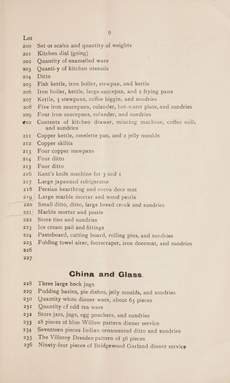 200 201 202 203 204 205 206 207 208 209 #10 211 212 213 214 215 216 217 218 220 222 223 224 225 226 237 228 229 230 231 232 233 234 235 236 9 Set or scales and quantity of weights Kitchen dial (going) Quantity of enamelled ware Quanti-y of kitchen utensils Ditto Fish kettle, iron boiler, stewpan, and kettle Iron boiler, kettle, large saucepan, and 2 frying pans Kettle, 3 stewpans, coffee biggin, and suudries Five iron saucepans, colander, hot-water plate, and sundries Four iron saucepans, colander, and sundries Contents of kitchen drawer, mincing machine, coffee mill, and sundries Copper kettle, omelette pan, and 2 jelly moulds Copper skilits Four copper stewpans Four ditto Four ditto Kent’s knife machine for 3 and 1 Large japanned refrigerator Persian hearthrug and cocoa door mat Large marble mortar and wood pestle Small ditto, ditto, large bread crock and sundries Marble mortar and pestle Store tins and sundries Ice cream pail and fittings Pasteboard, cutting board, rolling pins, and sundries Folding towel airer, footscraper, iron doormat, and sundries China and Glass. Three large hook jugs Pudding basins, pie dishes, jelly moulds, and sundries Quantity white dinner ware, about 65 pieces Quantity cf odd tea ware Store jars, jugs, egg poachers, and sundries 28 pieces of blue Willow pattern dinner service Seventeen pieces Indian ornamented ditto and sundries The Villeroy Dresden pattern of 36 pieces Ninety-four pieces of Bridgewood Garland dinner service