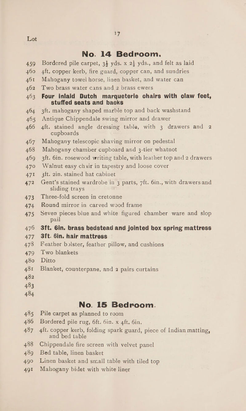 469 470 471 472 473 474 475 476 477 478 479 480 481 482 483 484 485 486 487 488 489 490 se de 17 No. 14 Bedroom. Bordered pile carpet, 34 yds. x 23 yds., and felt as laid 4ft. copper kerb, fire guard, copper can, and sundries Mahogany towel horse, linen basket, and water can Two brass water cans and 2 brass ewers Four inlaid Dutch marqueterie chairs with claw feet, stuffed seats and backs 3ft. mahogany shaped marble top and back washstand Antique Chippendale swing mirror and drawer 4ft. stained angle dressing table, with 3 drawers and 2 cupboards Mahogany telescopic shaving mirror on pedestal Mahogany chamber cupboard and 3-tier whatnot 3ft. 6in. rosewood writing table, with leather top and 2 drawers Walnut easy chair in tapestry and loose cover 3ft. 2in. stained hat cabinet Gent’s stained wardrobe in 3 parts, 7ft. 6in., with drawers and sliding trays Three-fold screen in cretonne Round mirror in carved wood frame aed Nas blue and white figured chamber ware and slop pal 3ft. Gin. brass bedstead and jointed box spring mattress 3ft. 6in. hair mattress Feather bolster, feather pillow, and cushions Two blankets Ditto Blanket, counterpane, and 2 pairs curtains No. 15 Bedroom. Pile carpet as planned to room Bordered pile rug, 6ft. 6in. x 4ft, 6in. 4ft. copper kerb, folding spark guard, piece of Indian matting, and bed table Chippendale fire screen with velvet panel Bed table, linen basket Linen basket and small table with tiled top Mahogany bidet with white liner