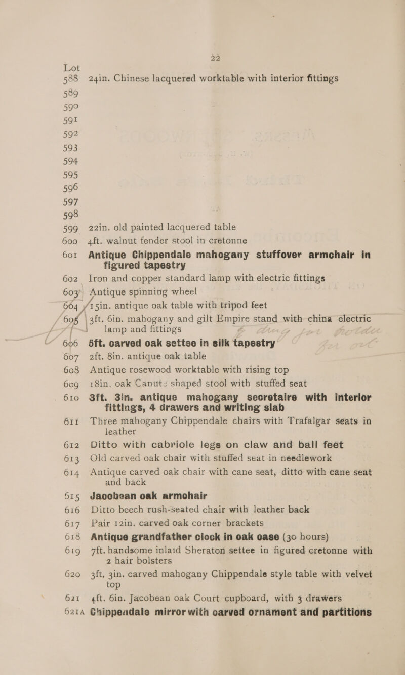 620 621 22 24in. Chinese lacquered worktable with interior fittings 22in. old painted lacquered table 4ft. walnut fender stool in cretonne Antique Chippendale mahogany stuffover armchair in figured tapestry 15in. antique oak table with tripod feet i lamp and fittings 5ft. carved oak settee in silk tapestry 2ft. 8in. antique oak table Antique rosewood worktable with rising top 18in, oak Canut: shaped stool with stuffed seat Sft. 3in. antique mahogany secretaire with interior fittings, 4 drawers and writing slab Three mahogany Chippendale chairs with Trafalgar seats in leather Ditto with cabriole legs on claw and ball feet Old carved oak chair with stuffed seat in needlework Antique carved oak chair with cane seat, ditto with cane seat and back Jacobean oak armohair Ditto beech rush-seated chair with leather back Pair 12in. carved oak corner brackets Antique grandfather clock in oak oase (30 hours) 7ft. handsome inlaid Sheraton settee in figured cretonne with 2 hair bolsters 3ft, 3in. carved mahogany Chippendale style table with velvet top aft. 6in. Jacobean oak Court cupboard, with 3 drawers