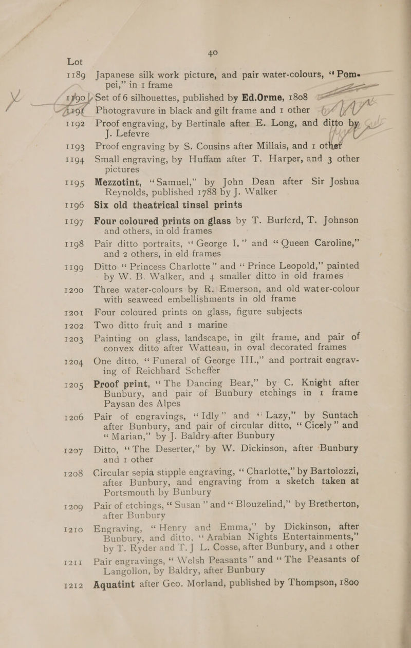 / Vv 118g IF¥90 I1g2 TIg3 1194 T1Q5 1196 1197 1198 T199g 1290 1201 1202 1203 1204 1205 1206 1207 1208 1209 £210 NF 8 T2112 40 pei,”’ in 1 frame Proof engraving, by Bertinale after E. Long, and dit J. Lefevre f Proof engraving by S. Cousins after Millais, and 1 othe’ Small engraving, by Huffam after T. Harper, and 3 other pictures Mezzotint, “Samuel,” by John Dean after Sir Joshua Reynolds, published 1788 by J. Walker Six old theatrical tinsel prints Four coloured prints on glass by T. Burferd, T. Johnson and others, in old frames Pair ditto portraits, ‘‘ George I.’’ and ‘‘ Queen Caroline,” and z others, in old frames Ditto ‘“‘ Princess Charlotte”? and ‘‘ Prince Leopold,” painted by W. B. Walker, and 4 smaller ditto in old frames Three water-colours by R. Emerson, and old water-colour with seaweed embellishments in old frame Four coloured prints on glass, figure subjects Two ditto fruit and 1 marine Painting on glass, landscape, in gilt frame, and pair of convex ditto after Watteau, in oval decorated frames One ditto, ‘* Funeral of George III.,” and portrait engrav- ing of Reichhard Scheffer Proof print, ‘‘The Dancing Bear,” by C. Knight after Bunbury, and pair of Bunbury etchings in 1 frame Paysan des Alpes Pair of engravings, “Idly” and ‘' Lazy,” by Suntach after Bunbury, and pair of circular ditto, ‘‘ Cicely” and “Marian,” by J. Baldry after Bunbury Ditto, ‘‘The Deserter,” by W. Dickinson, after Bunbury and 1 other Circular sepia stipple engraving, ‘‘ Charlotte,” by Bartolozzi, after Bunbury, and engraving from a sketch taken at Portsmouth by Bunbury Pair of etchings, “* Susan ” and “‘ Blouzelind,” by Bretherton, after Bunbury Engraving, “Henry and Emma,” by Dickinson, after Bunbury, and ditto, ‘* Arabian Nights Entertainments,” by T. Ryder and T. J L. Cosse, after Bunbury, and 1 other Pair engravings, “* Welsh Peasants” and ‘‘ The Peasants of Langollon, by Baldry, after Bunbury Aquatint after Geo. Morland, published by Thompson, 1800